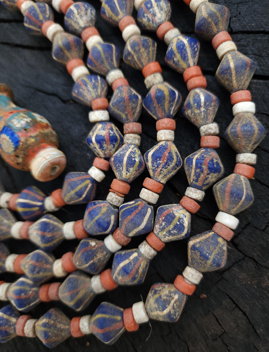 Blue Bicone Glass Beads, Strand 14-15mm, Beads With Antique Accent, Rustic, Indonesian, Jewelry Making Supplies, Craft.