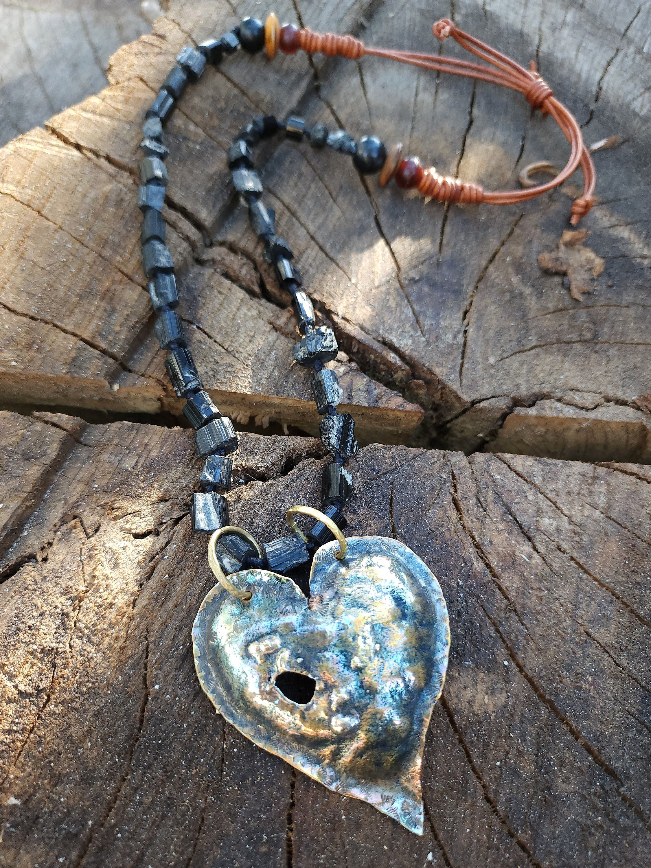 Heart necklace hammered by the hand of Laton Reticulated with silver 925, Long necklace 13-18," Black Tourmaline Natural Stone, Hand Made.