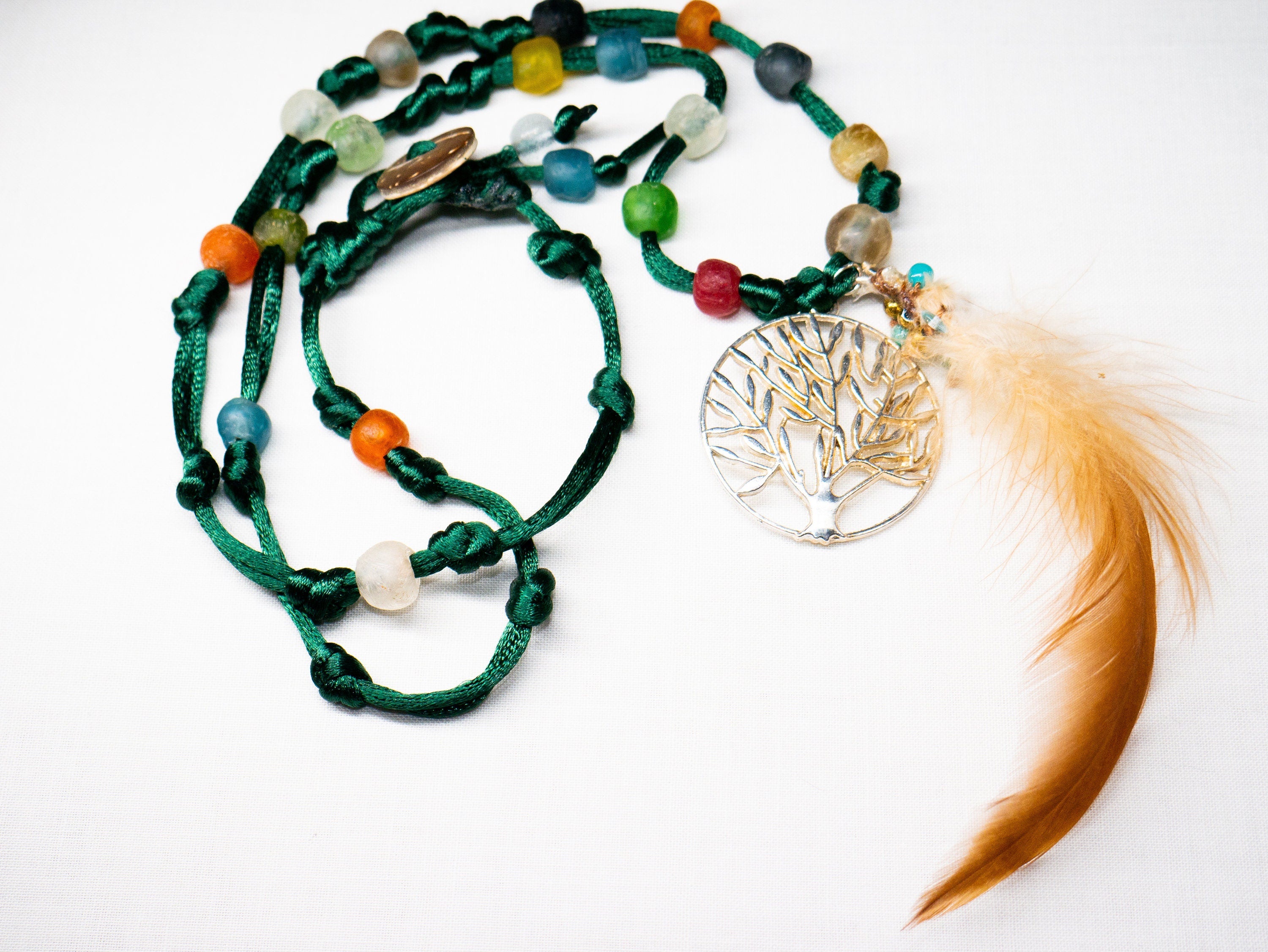 FINAL SALE!  Silk feather Necklace  pendant  African glass  Natural feather  Silk  crystal
