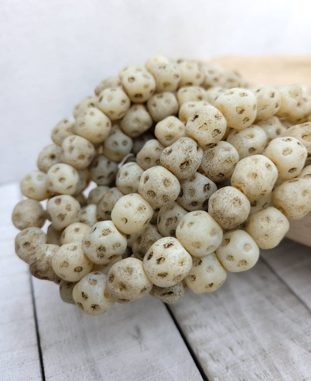 Beige Translucent Glass Beads With Old Rustic Accent [15] 10-11 × 10-11mm, Lampwork Beads, Indonesian, Thailand, Jewelry Making Supplies.