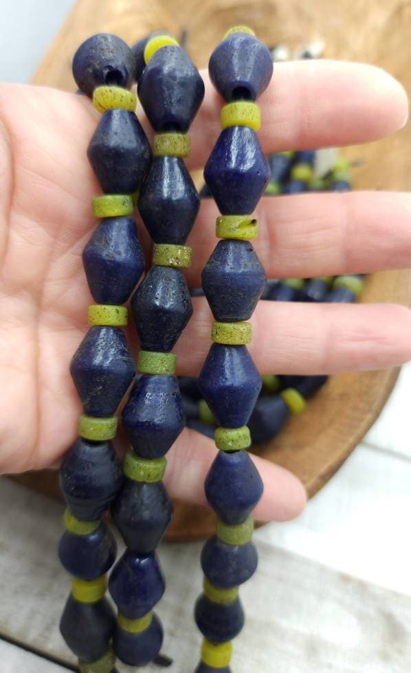 Bicone Beads With Old Rustic Accent/ Blue Java Glass Beads Strand 10 "16-18mm x 13mm / Jewelry Supplies / Indones Beads / Lampwork Beads.