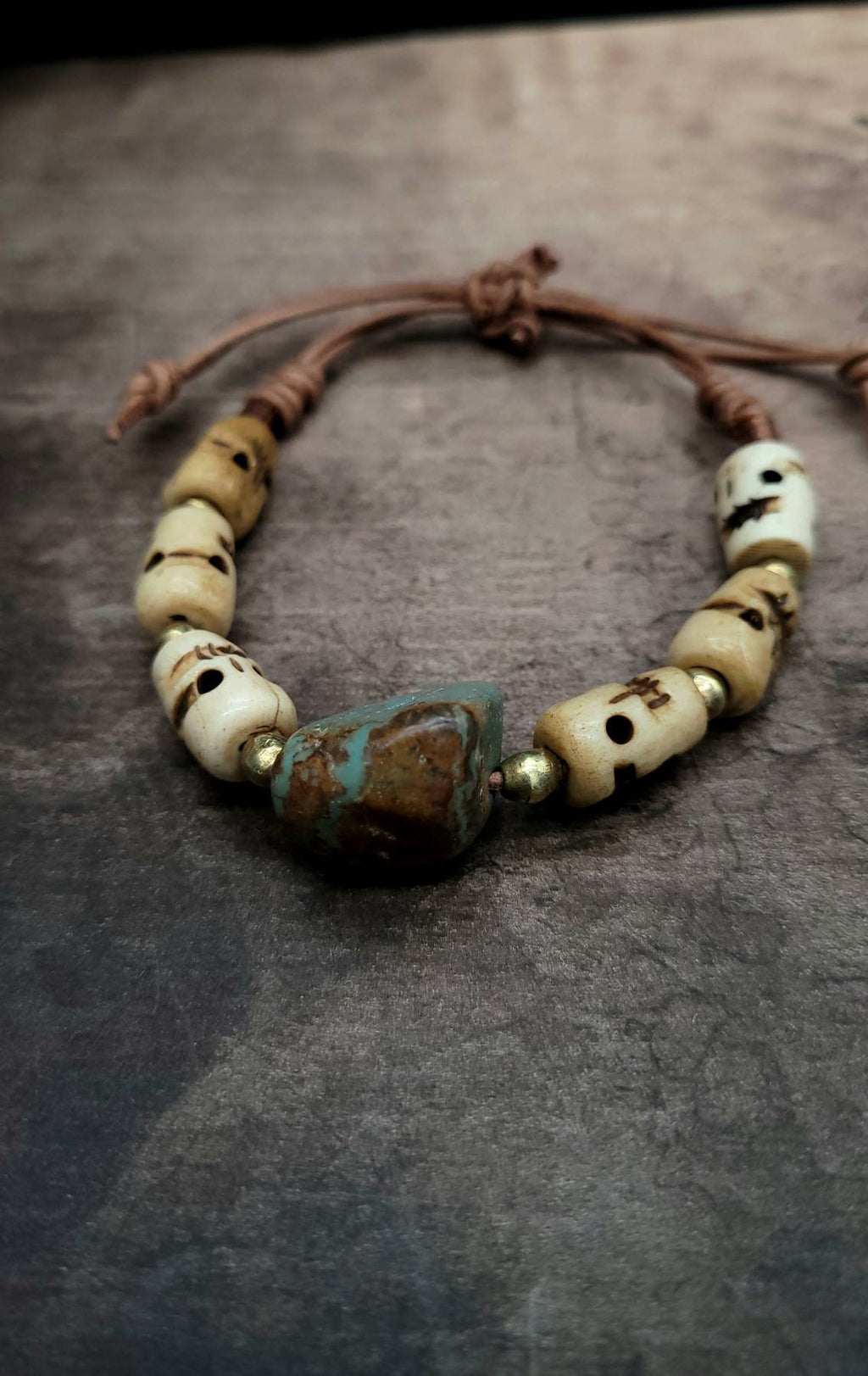 Beautiful Authentic Leather Bracelet / Authentic Turquoise / Roman Glass / Skull Bone.