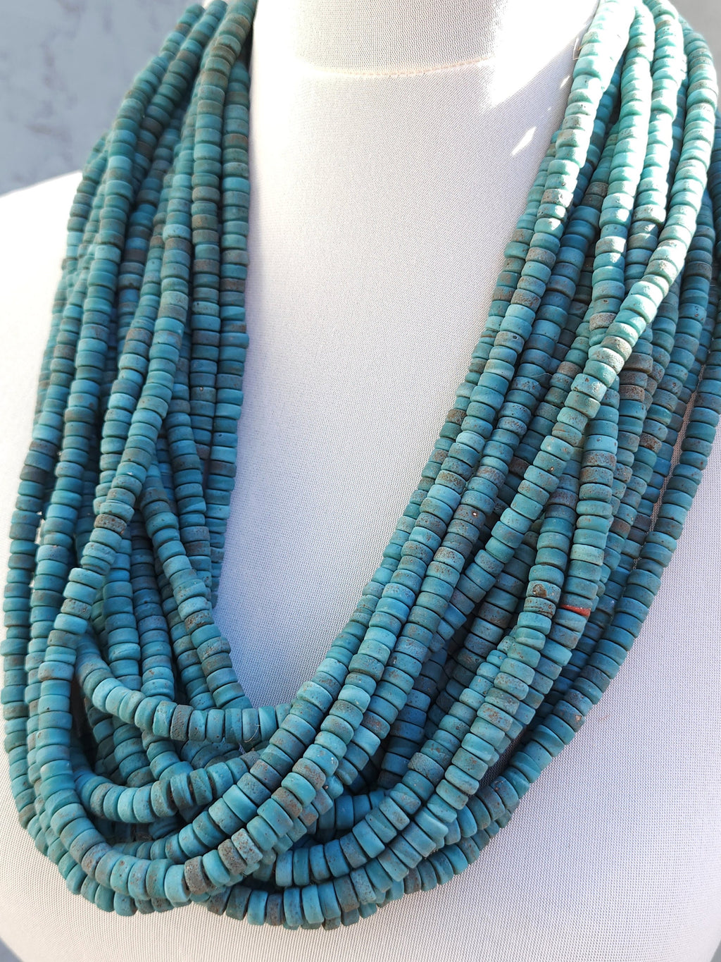 Blue Glass Beads With Strong Old Rustic Accent Raw Texture, 7-8mm Strand 10", Heishi, Indonesian, Java, Jewelry Making Supplies.