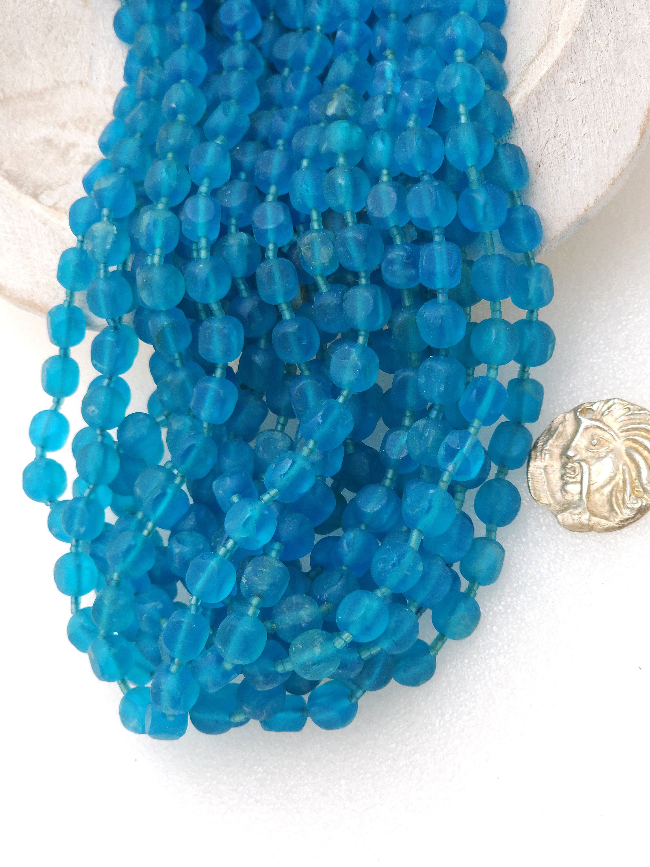 Blue Square Glass Beads From Afghanistan 6mm+ Strand 15-16", Sea Glass Beads, Opaque glass, Vintage, Jewelry Making Supplies.