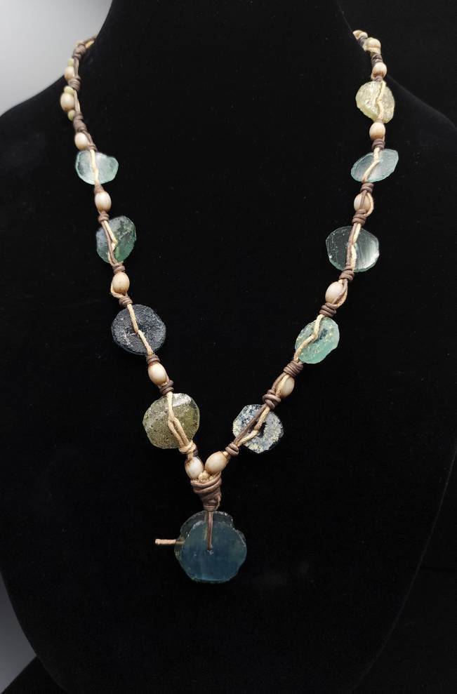 Leather Necklace / Authentic Ancient Roman Glass Fragments .