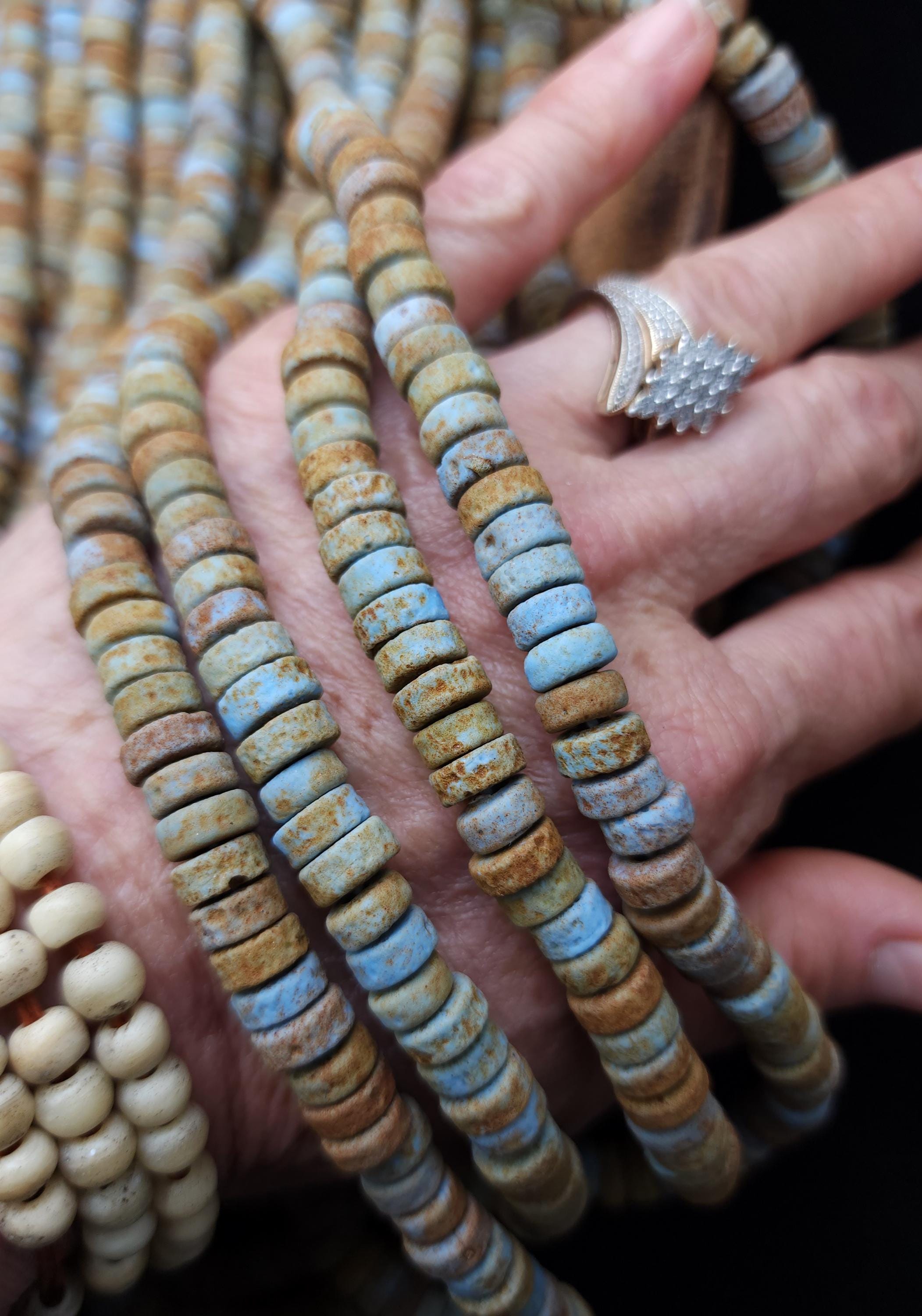 Indonesian Glass Heishi Beads, Aged Earth Tones Blue, Green & Patina, Strand 10" 8mm, Rustic Spacer Beads, Jewelry Making Supplies.