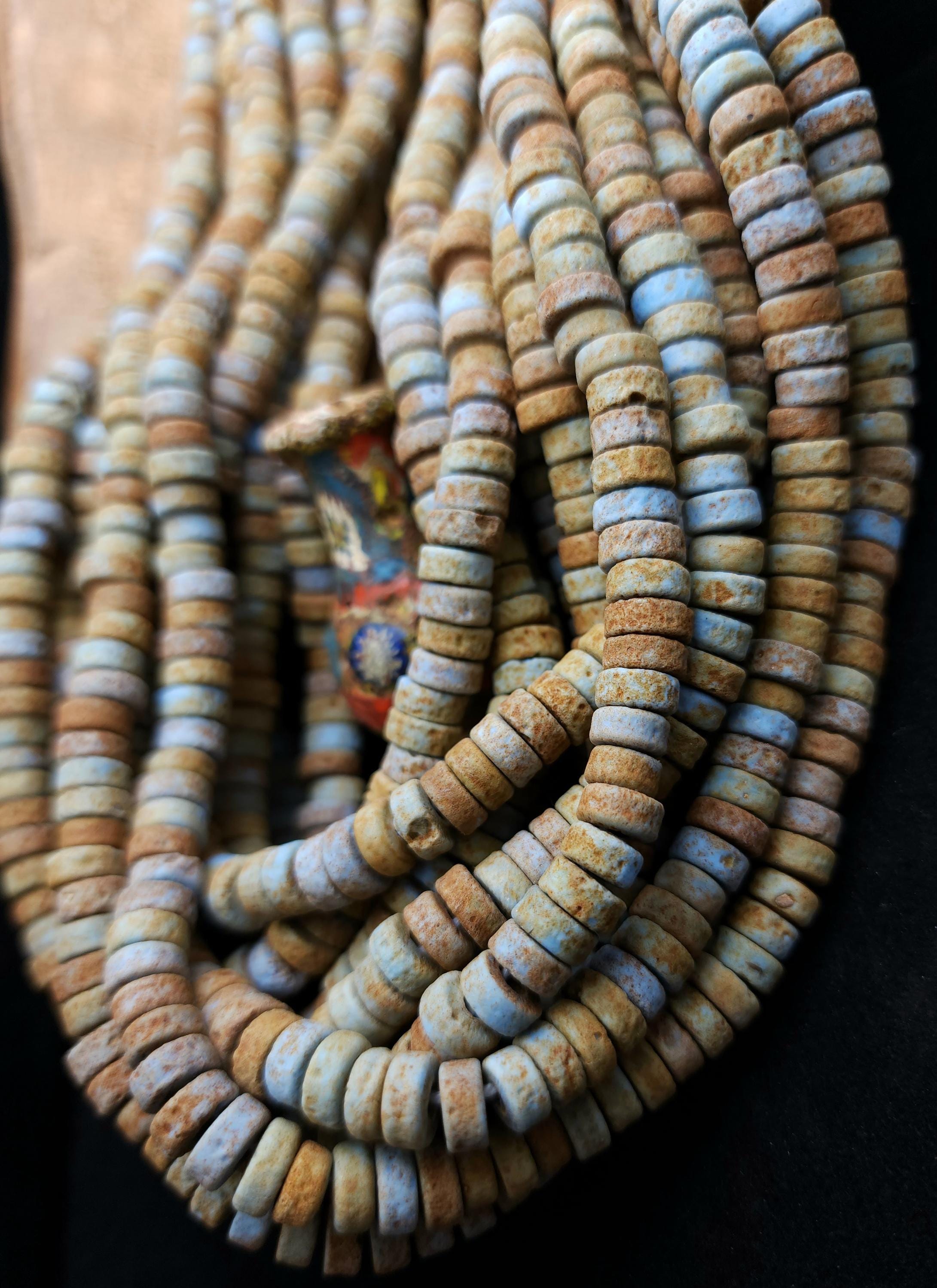 Indonesian Glass Heishi Beads, Aged Earth Tones Blue, Green & Patina, Strand 10" 8mm, Rustic Spacer Beads, Jewelry Making Supplies.