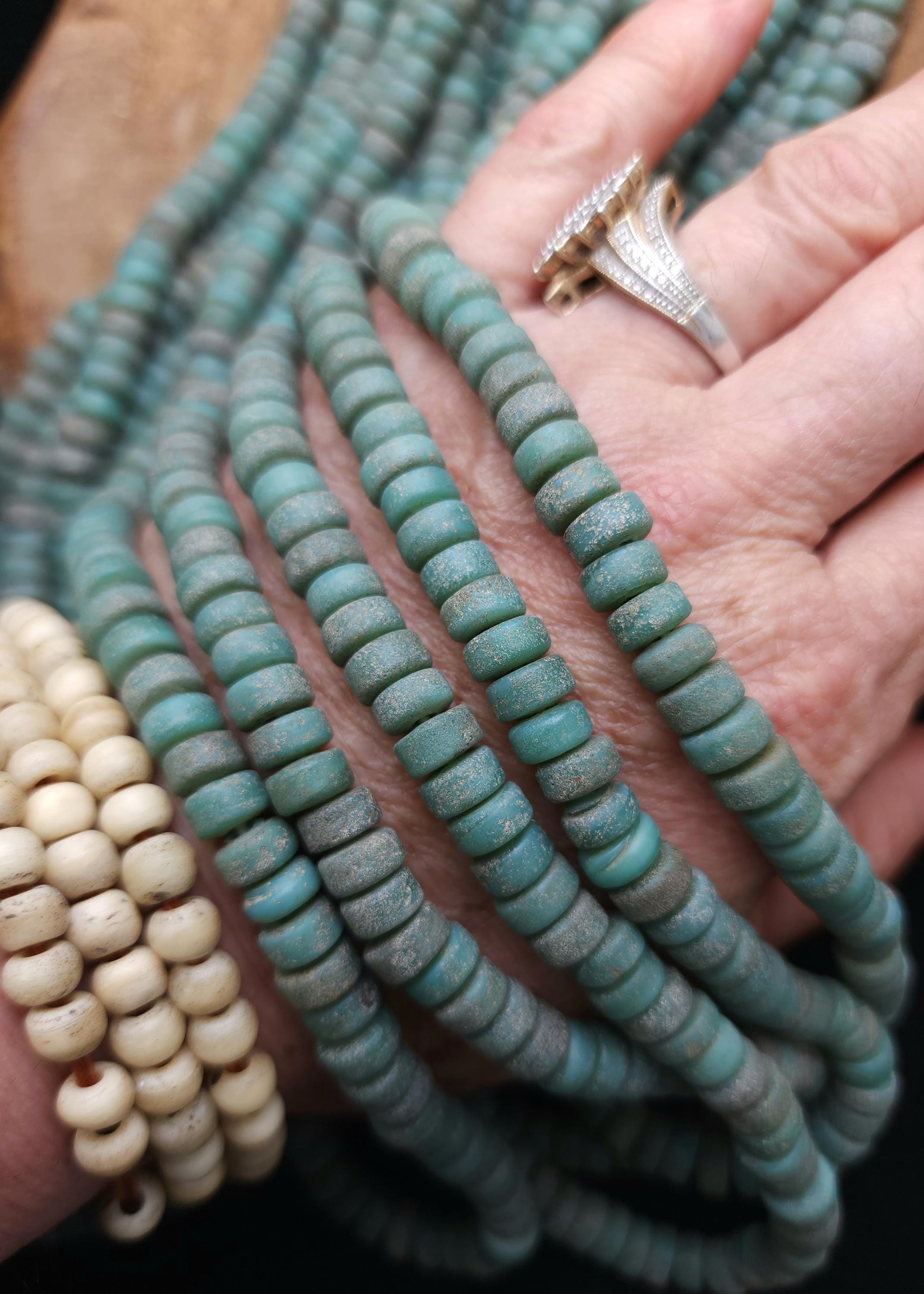 Soft Green Glass Beads / Rustic Beads / Strand 10" 8mm / Java Indonesia Beads / Jewelry Making Supplies / Craft.