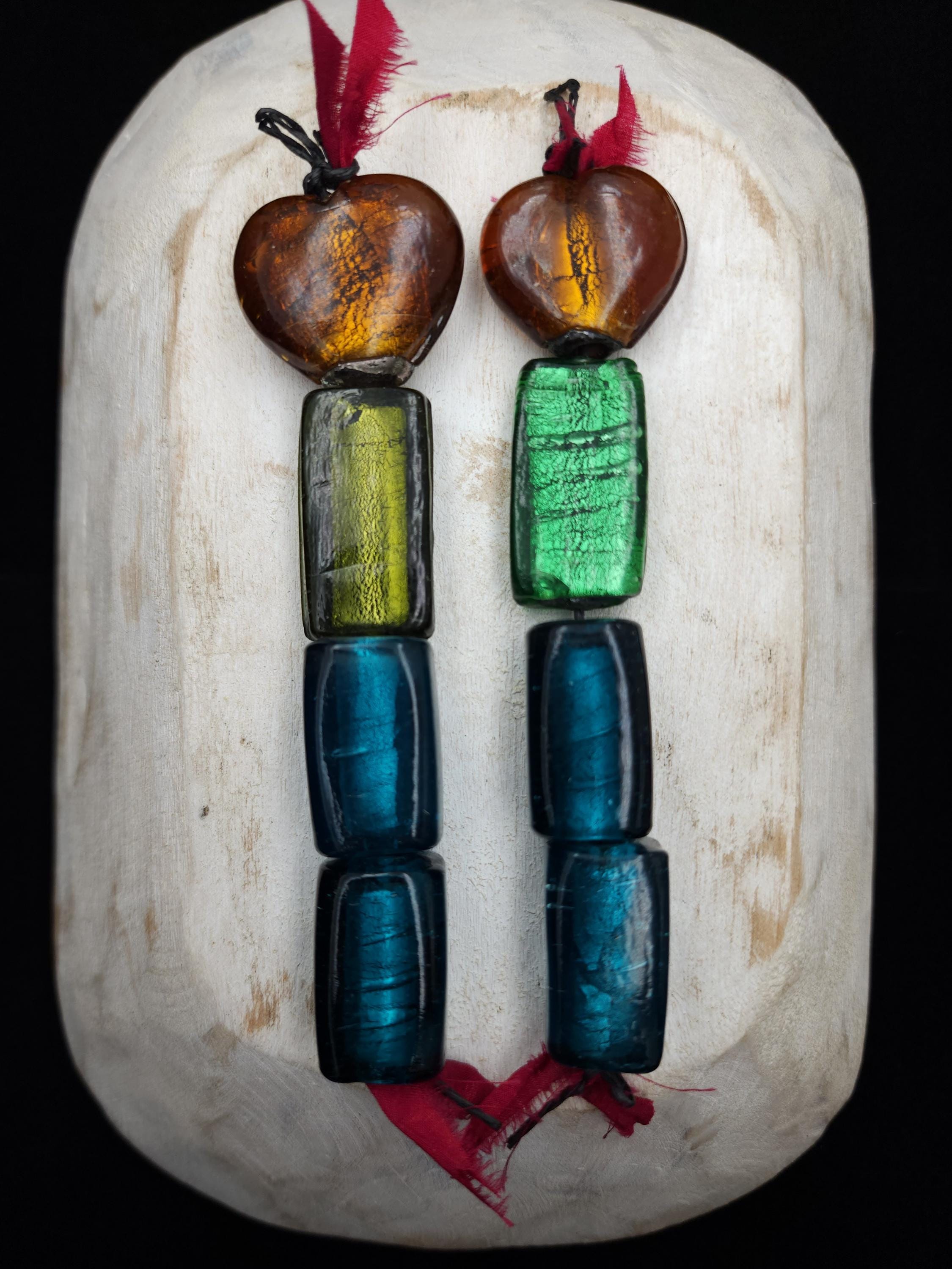 Lampwork Silver Foil Glass Beads, Handmade Murano Glass Bead Strand, Amber Heart & Metallic Green and Blue Beads, Jewelry Making Supplies