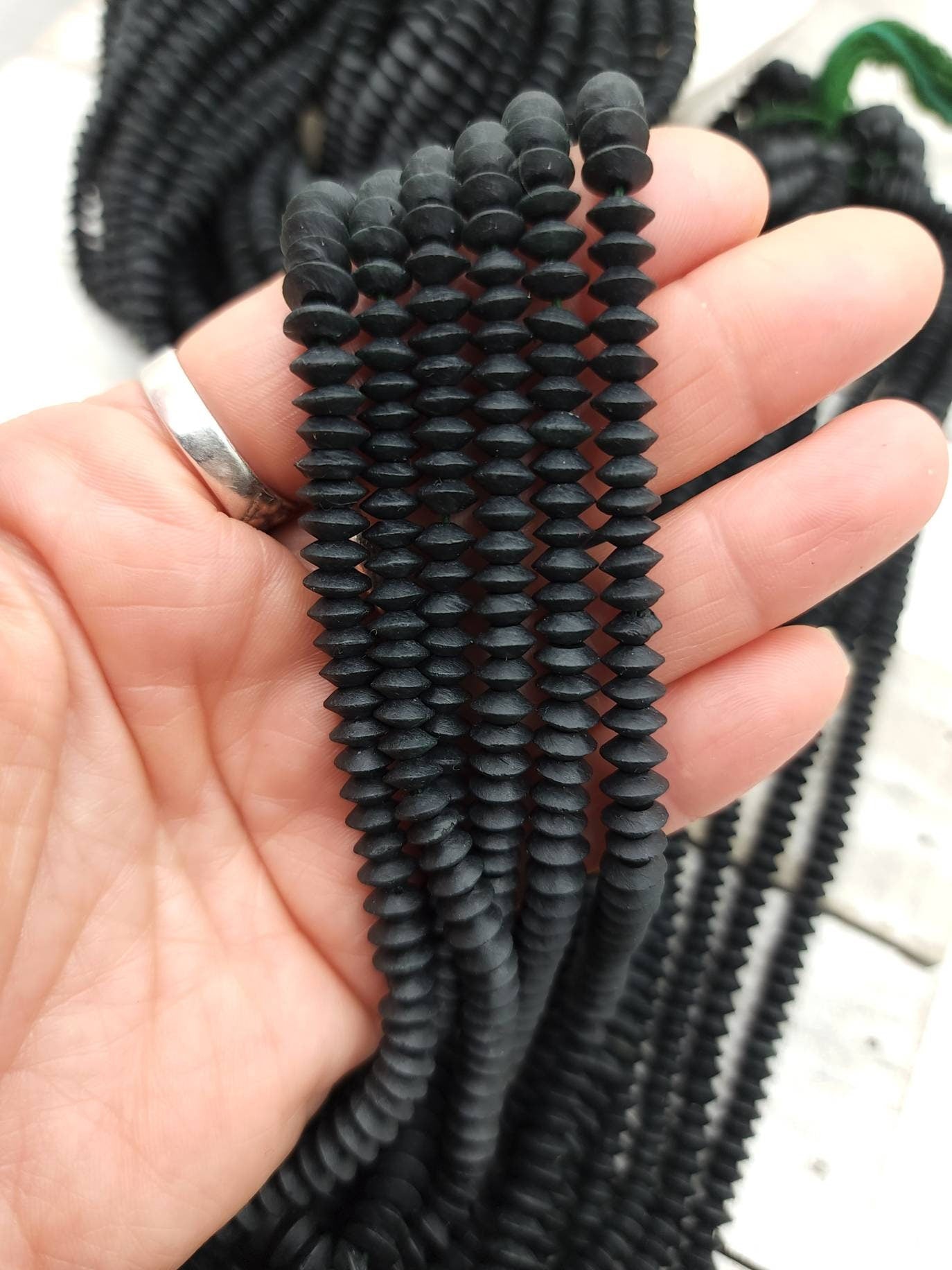 Natural Black Jade Saucer Shaped Strand 12-13"inches 6-7mm 100-110 Beads Or 8mm / Heishi Beads / Afghani Beads / Jewelry Making Supplies.