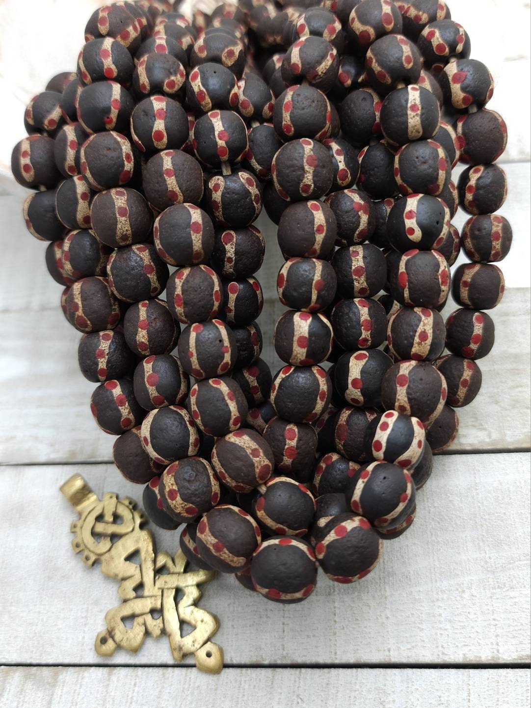 Dark Brown Glass Beads with Old Rustic Accent  12-13mmx12-13mm 12 Beads Per Strand / Jewelry Supplies / Java / Indonesia / Tribal / Ethnic