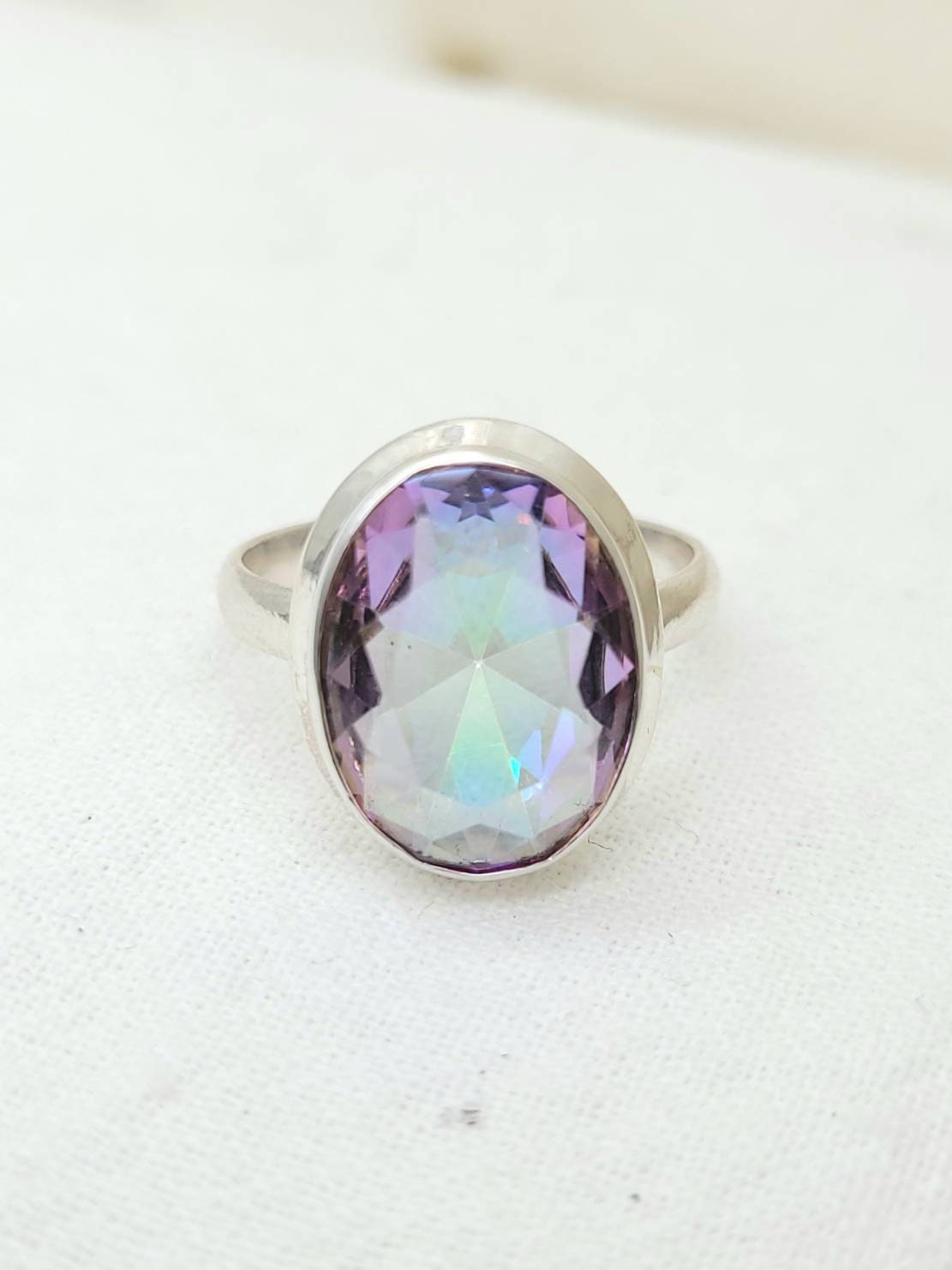 Mystic Topaz Ring Carved in Solid 925 Sterling Silver / Size 5 3/4.