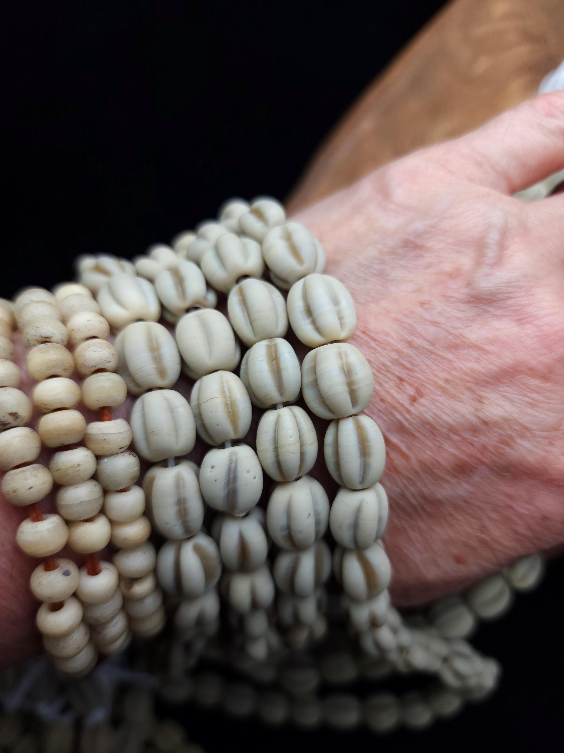 Strand of 12 Melon Glass Beads 10-11mm, Opaque Beige Beads Handmade in Java, Indonesia, Pumpkin Ethnic Artisan Beads, Jewelry Supplies