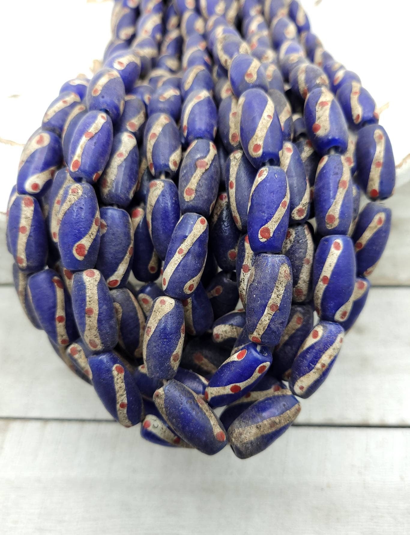 Old Accent Glass Beads Made By Thai Artisan Hands/ Indonesian Beads /Java / 10 Beads 18-20mm x 10mm / Jewelry Supplies / Vintage / Venetian