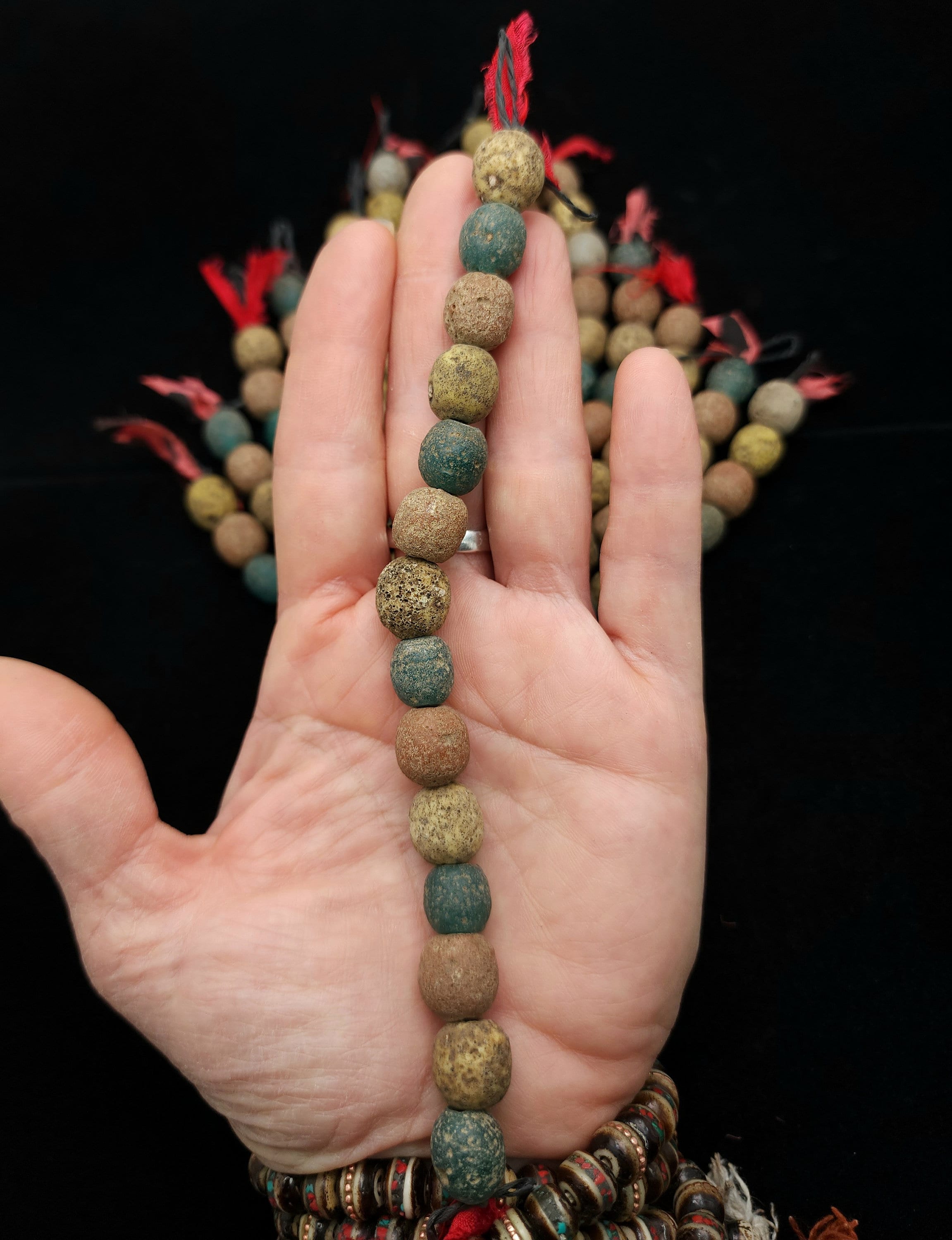 Indonesian Glass Beads Strand 14 Earthy Yellow, Red, Green Beads 10-12mm, Vintage, Rustic,  Tribal, Boho, Hippie,  Jewelry  Making Supplies