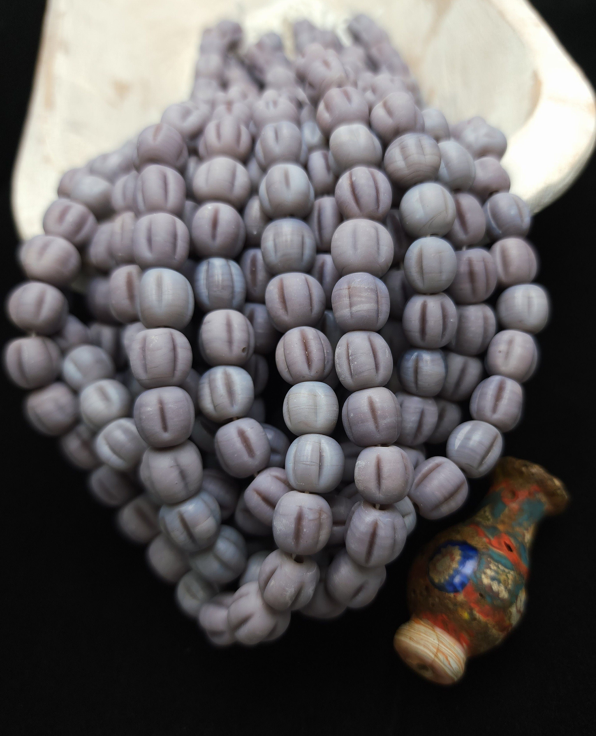 Melon Shaped Glass Beads With Accent Rustic Old Look 9-11mm 15 Beads, Jewelry Making Supplies, Lampwork Beads, Indonesian, Java Beads.