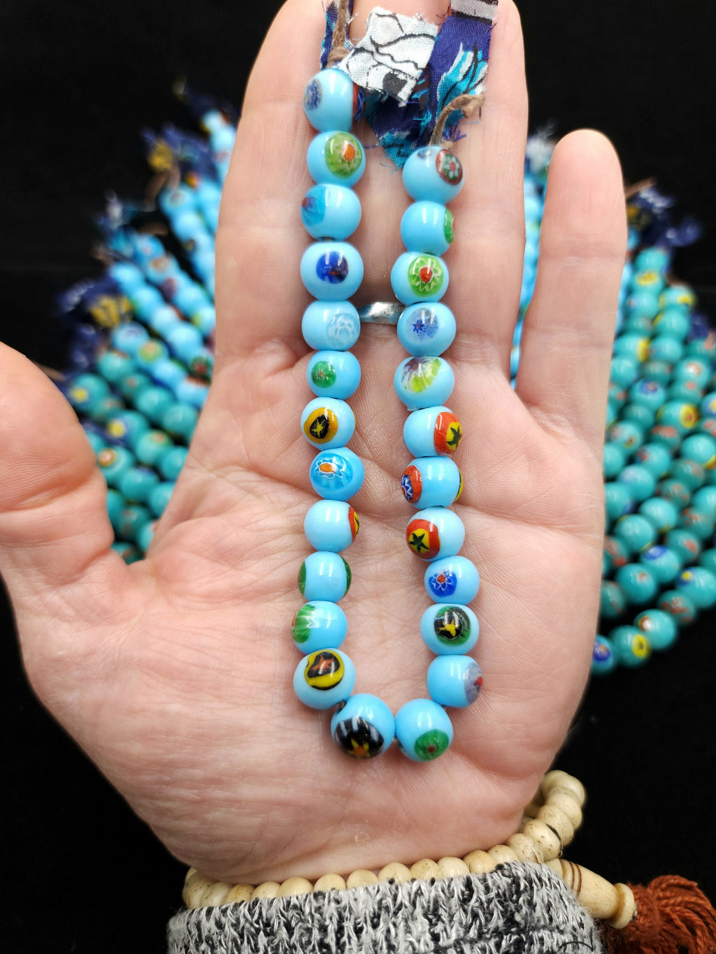 Millefiore Glass Beads Strand 8" 9-10mm, Glass Beads For Jewelry Making, Handmade Beads, Boho Tribal Ethnic