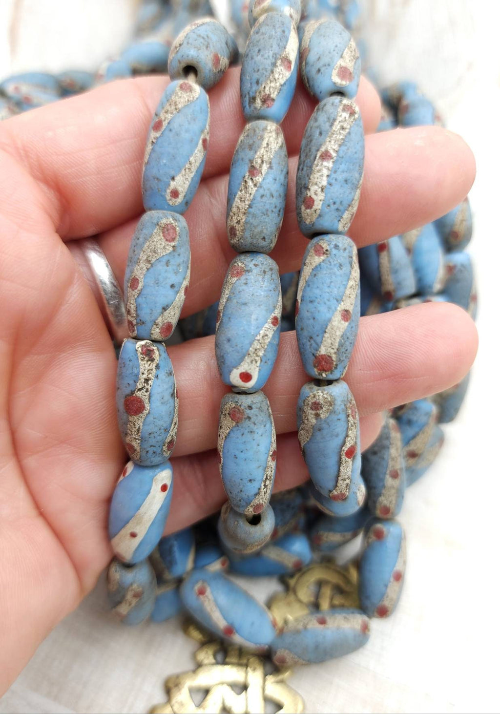 Sky Blue Glass Beads With Rustic Accent Made by Indonesian Artisans /Java / 10 Beads 18-20mm x 10mm /Jewelry Supplies / Vintage / Venetian /