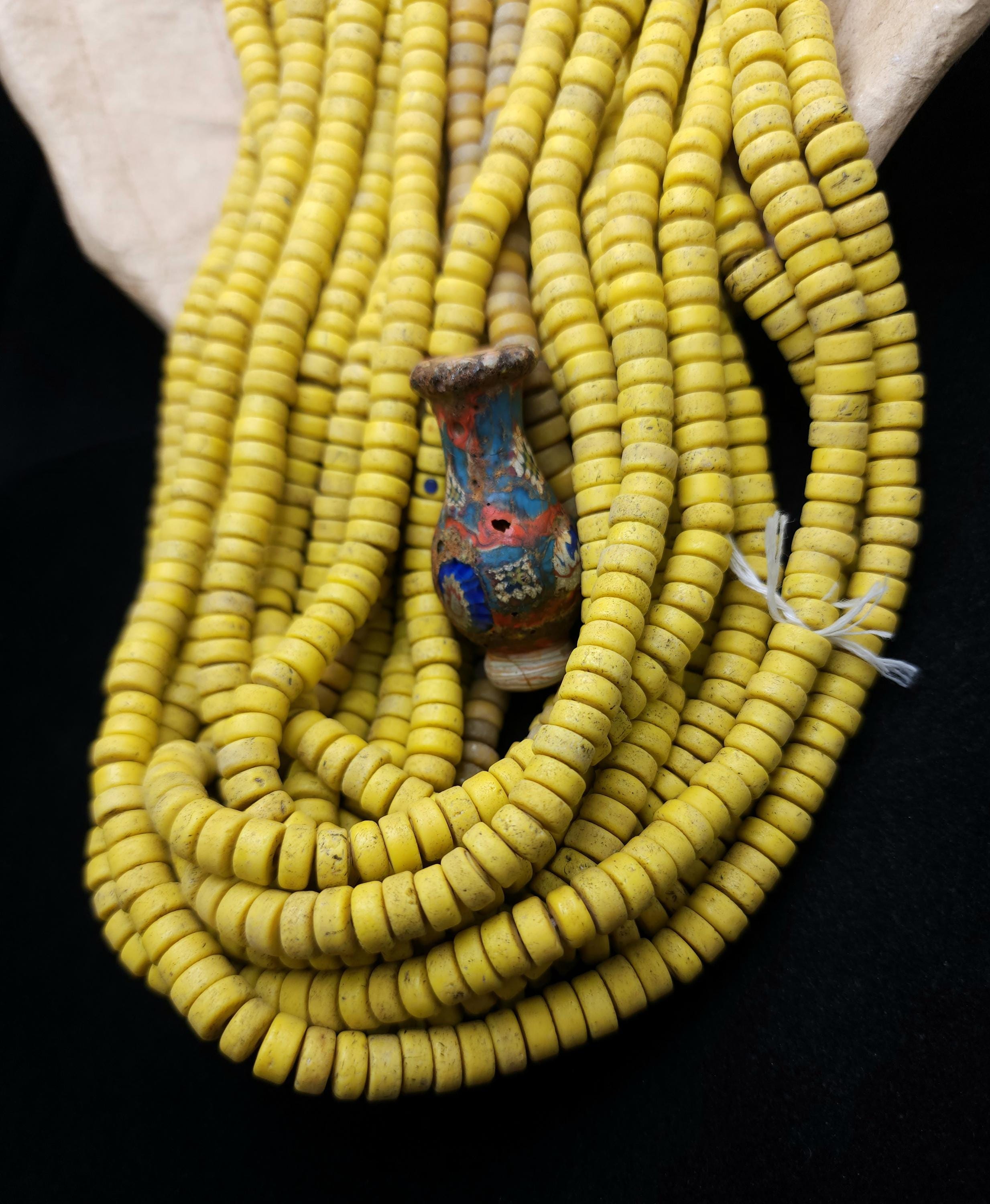 Yellow Canary Glass Beads With Antique Rustic Acent / 8mm 10" Long Strand / Indonesia Java Beads / Jewelry Making Supplies / Craft.