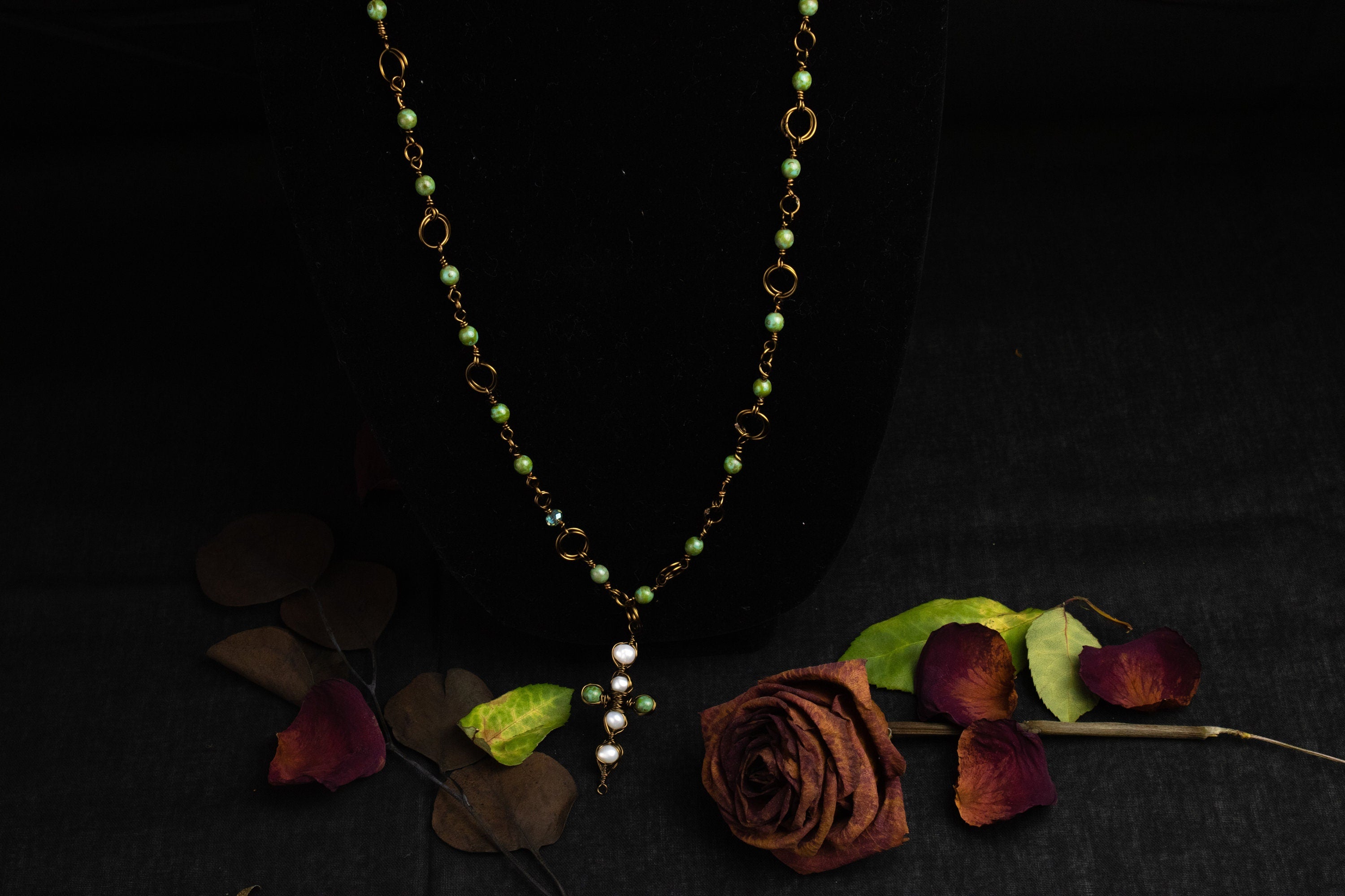 Pearls & Greens Necklace | Copper | Pearls | Rosary| Crystal