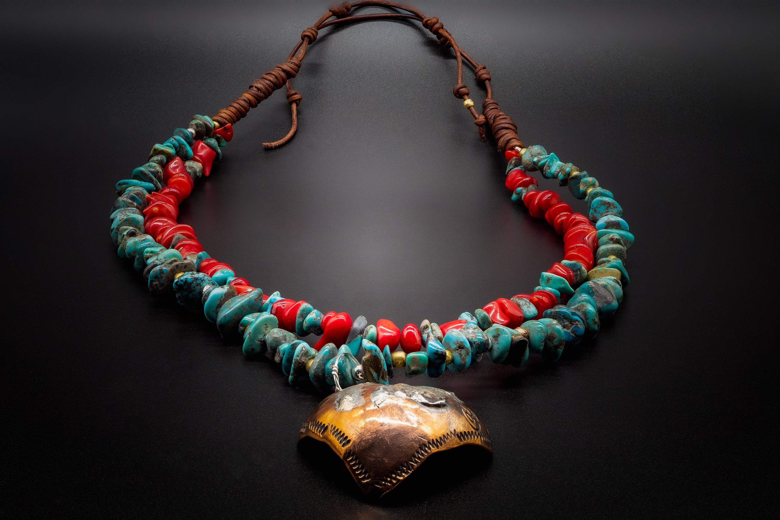 Native American Navajo Necklace /Authentic Turquoise, Natural Red Coral Bamboo,  925 Silver, Golden Brass, Heart Forged by hand of copper.