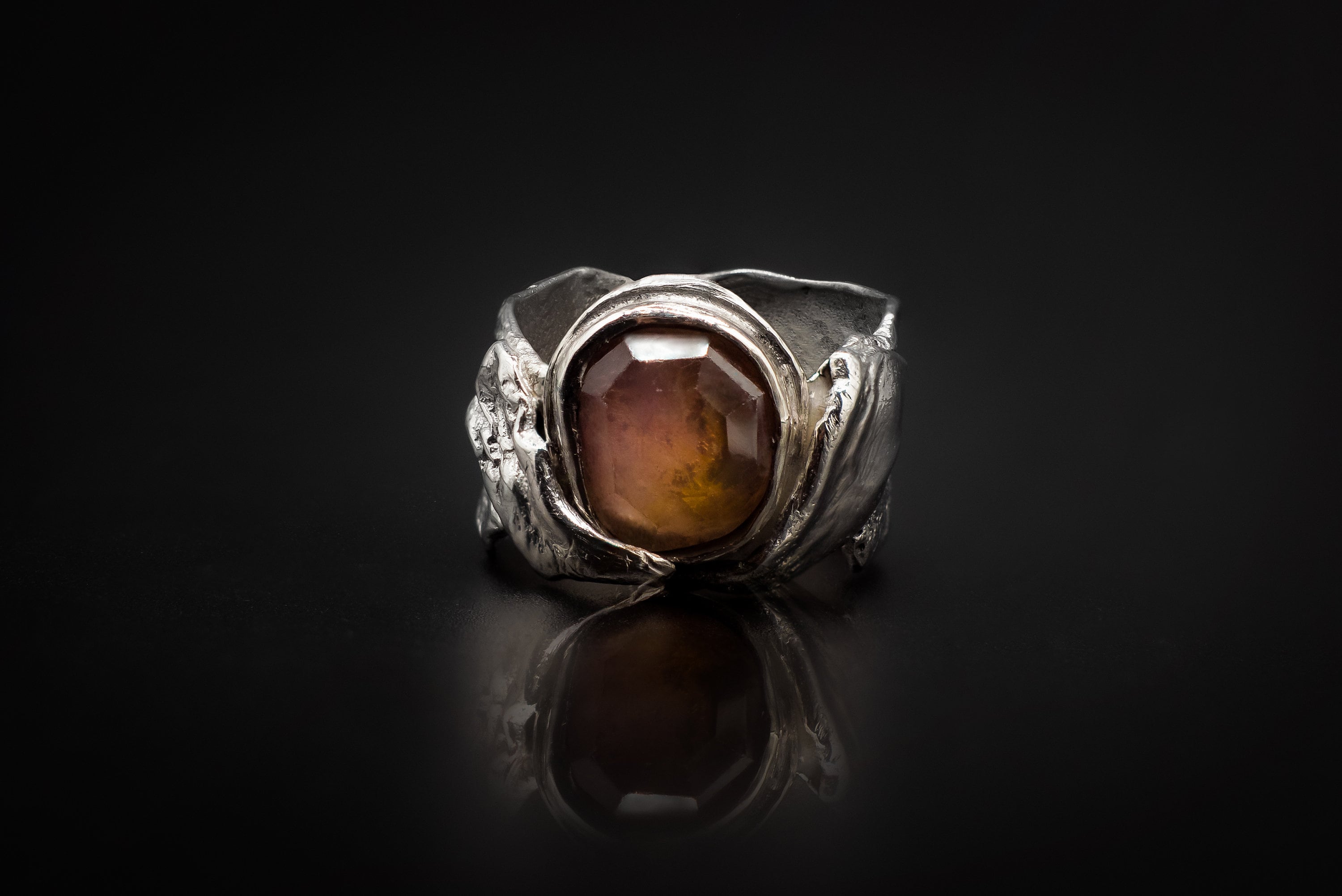 925 Reticulated Silver, And Rose Cut Sapphire Ring