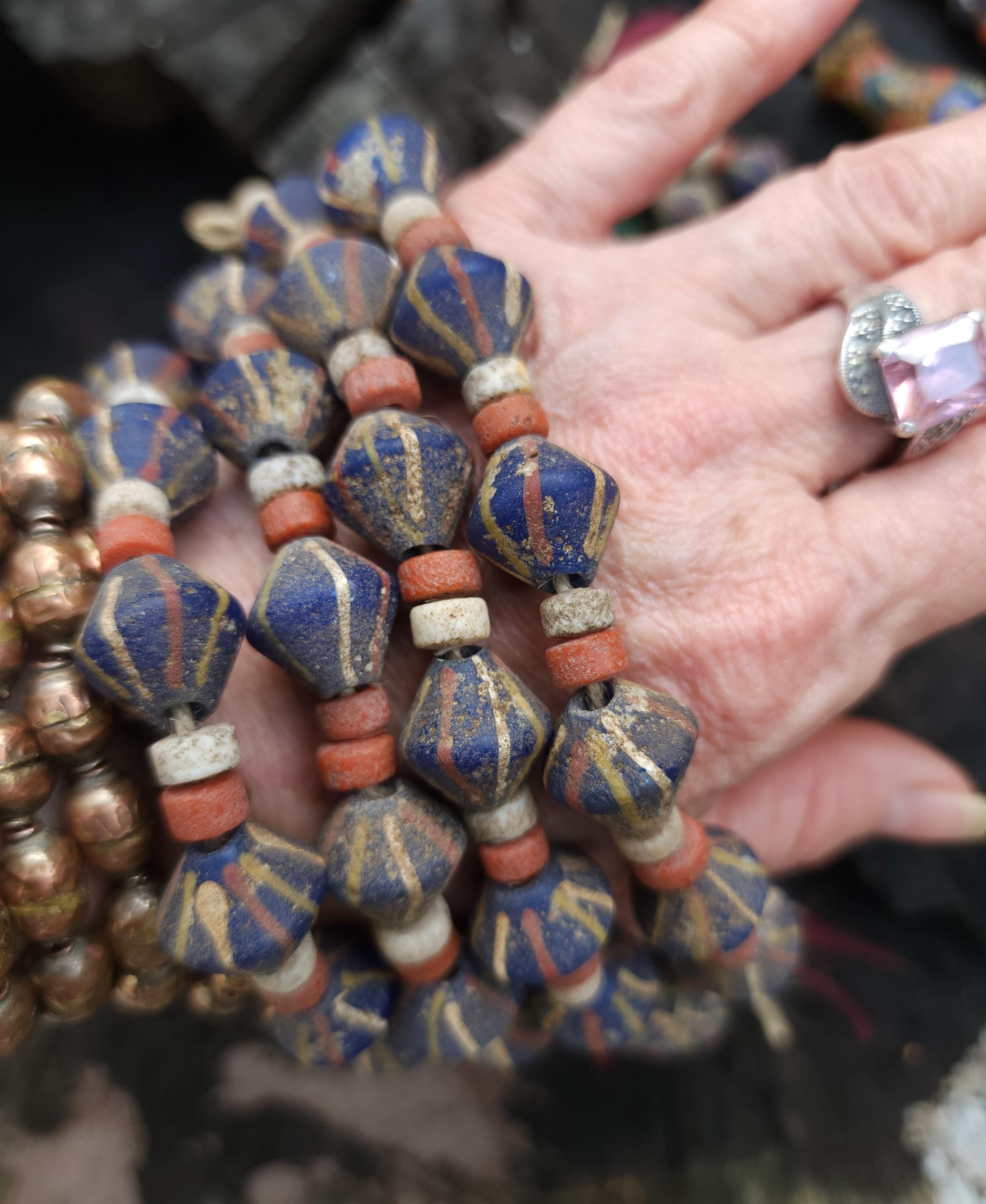 Blue Bicone Glass Beads, Strand 14-15mm, Beads With Antique Accent, Rustic, Indonesian, Jewelry Making Supplies, Craft.
