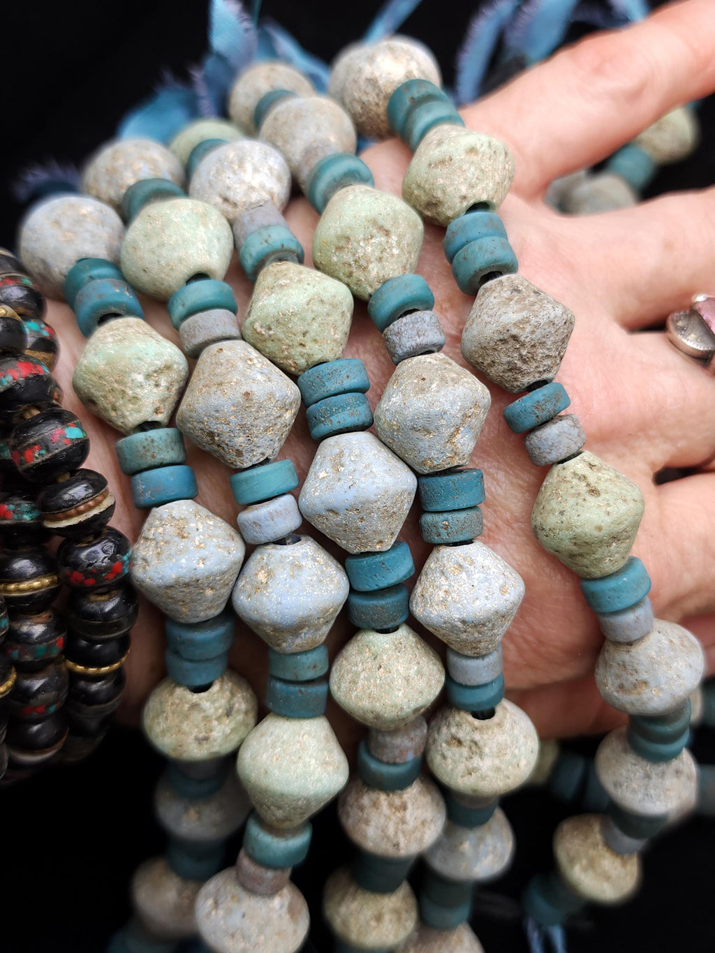 Old Bicone Glass Beads From Thailand, Rustic and Vintage Accent, Supplies to Make Jewelry, Strand With 25 Blue And Green Beads 8-15mm.