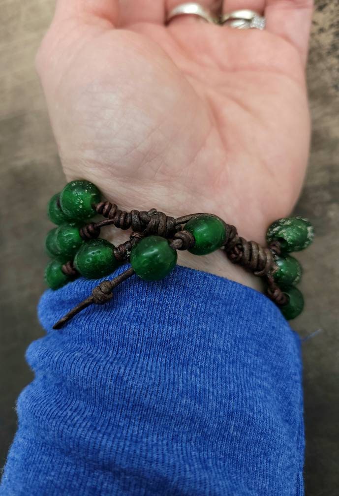 Beautiful Leather Bracelet / Bracelet for Men or Women / Antique Rustic Indonesian Glass Bead Jewelry/Boho/Tribal / Native American/ Ethnic.