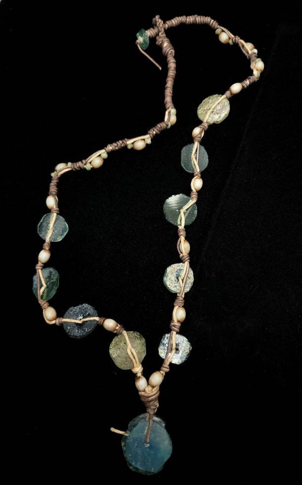 Leather Necklace / Authentic Ancient Roman Glass Fragments .