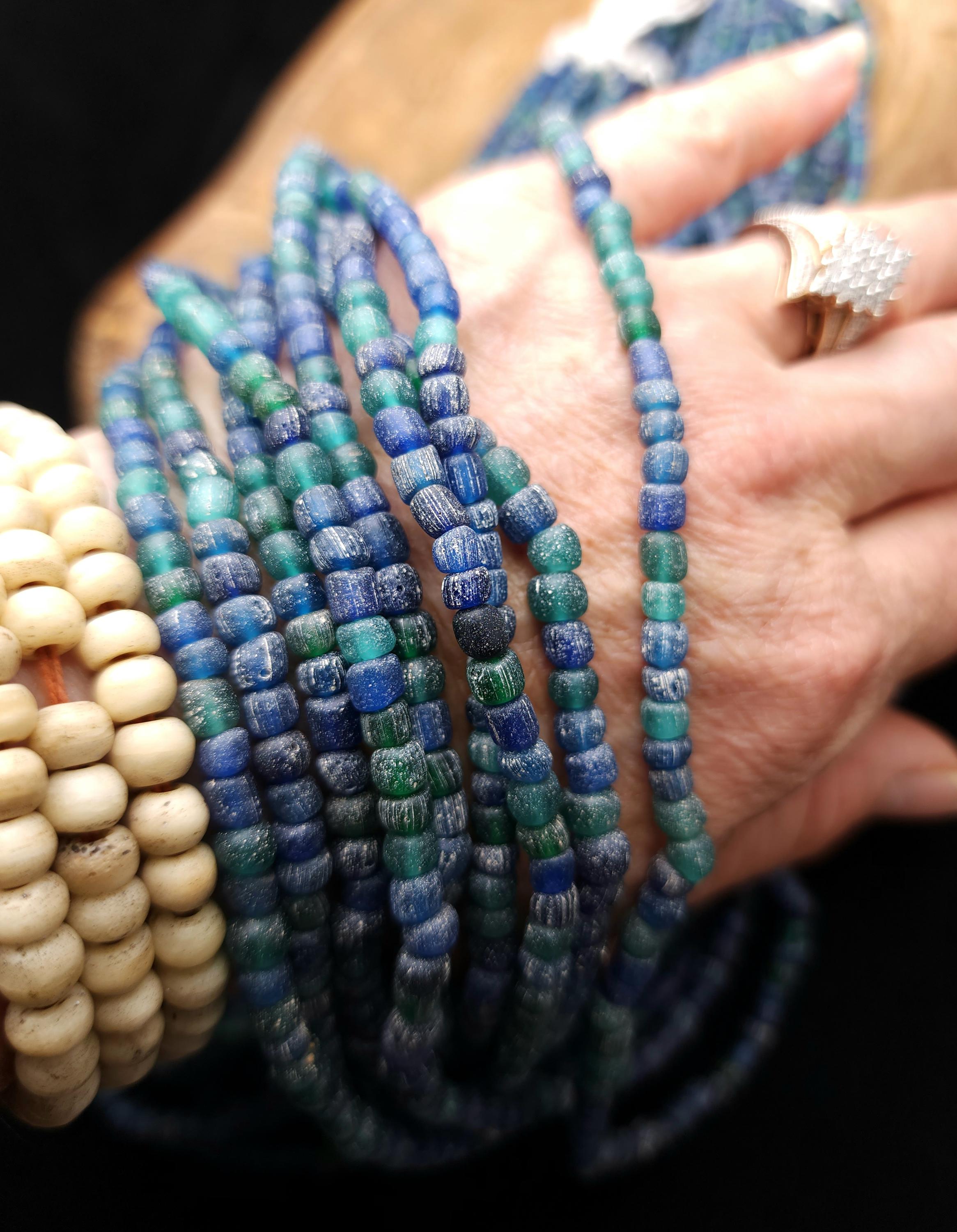 Boho Rustic Glass Beads from Indonesia 4-6×3-5mm Strand 22" [166 Beads], Blue & Green Handmade Beads, Craft Jewelry DIY.