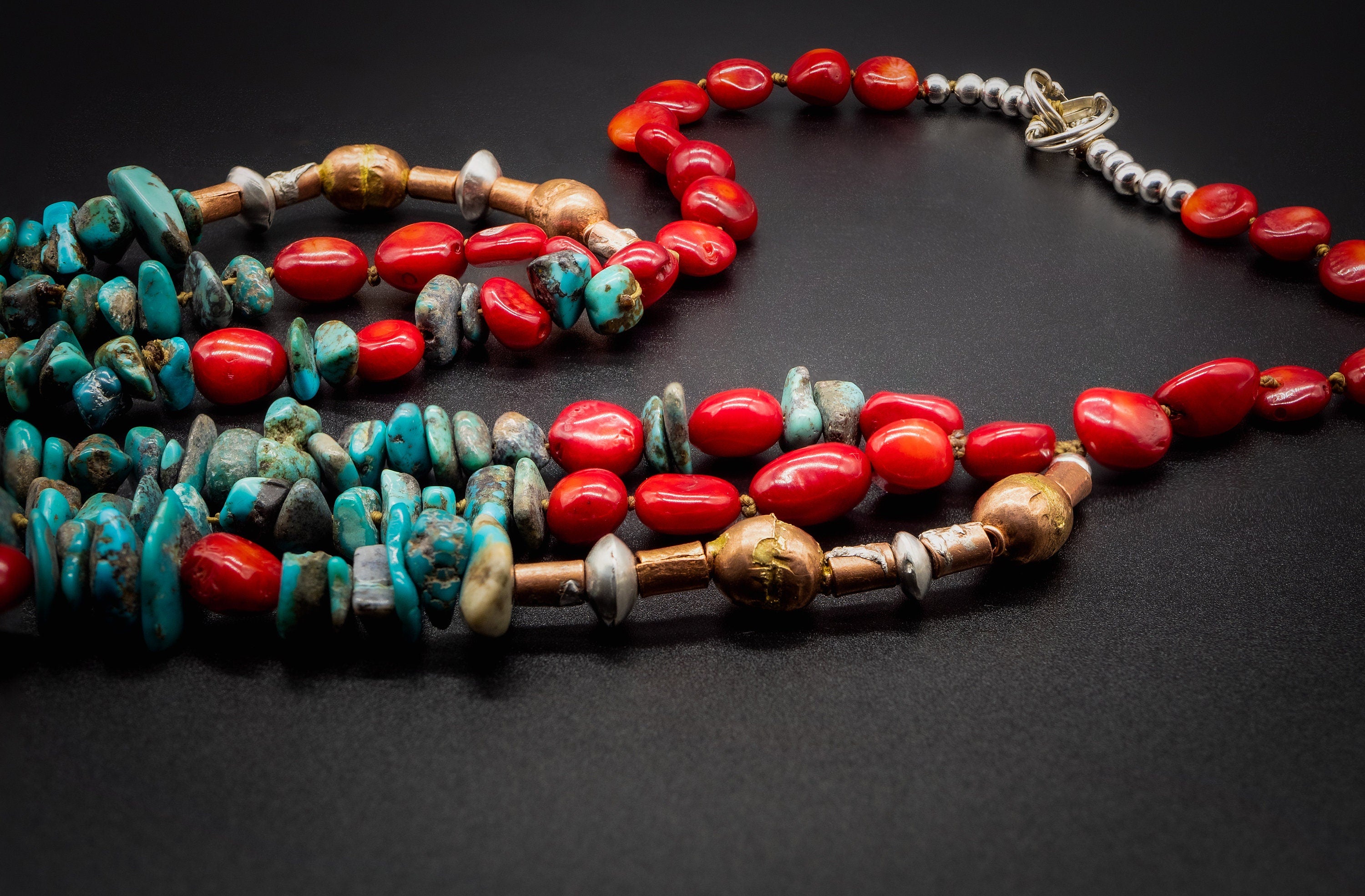 Turquoise Necklace, Silver 925 / Necklace with red Bamboo Coral and Authentic turquoises / Native American Navajo Jewelry.