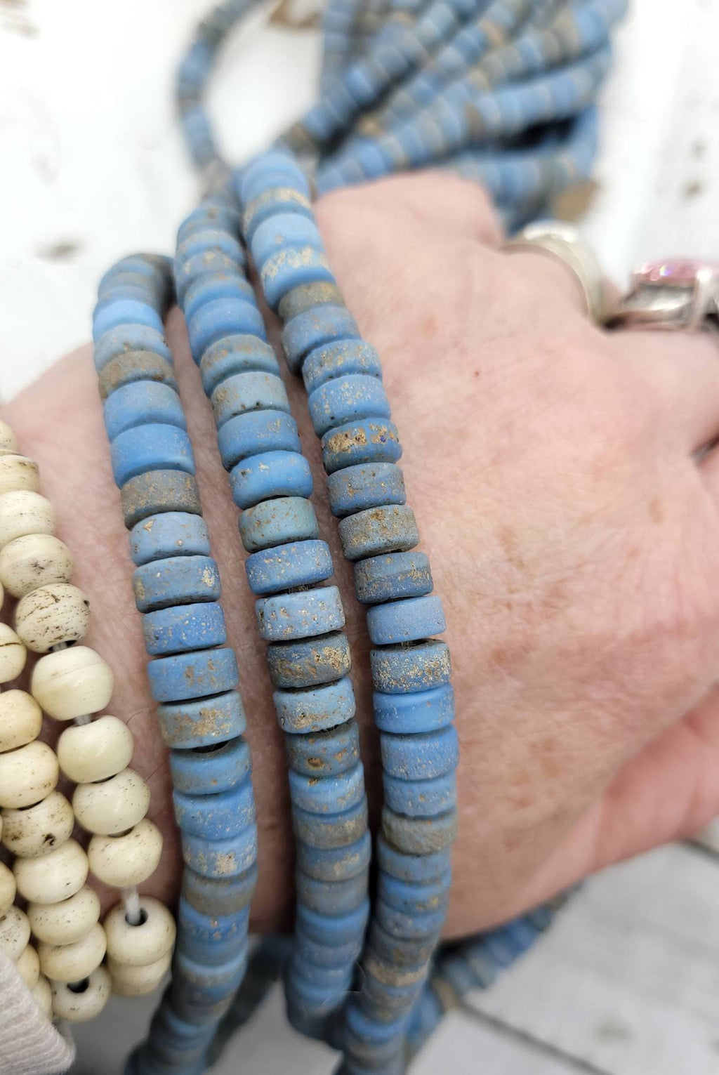 Glass Beads With Antique And Rustic Accent / Handmade Artisan / 7-8mm 10" Long Strand / Indonesia / Java / Tribal / Jewelry Supplies.