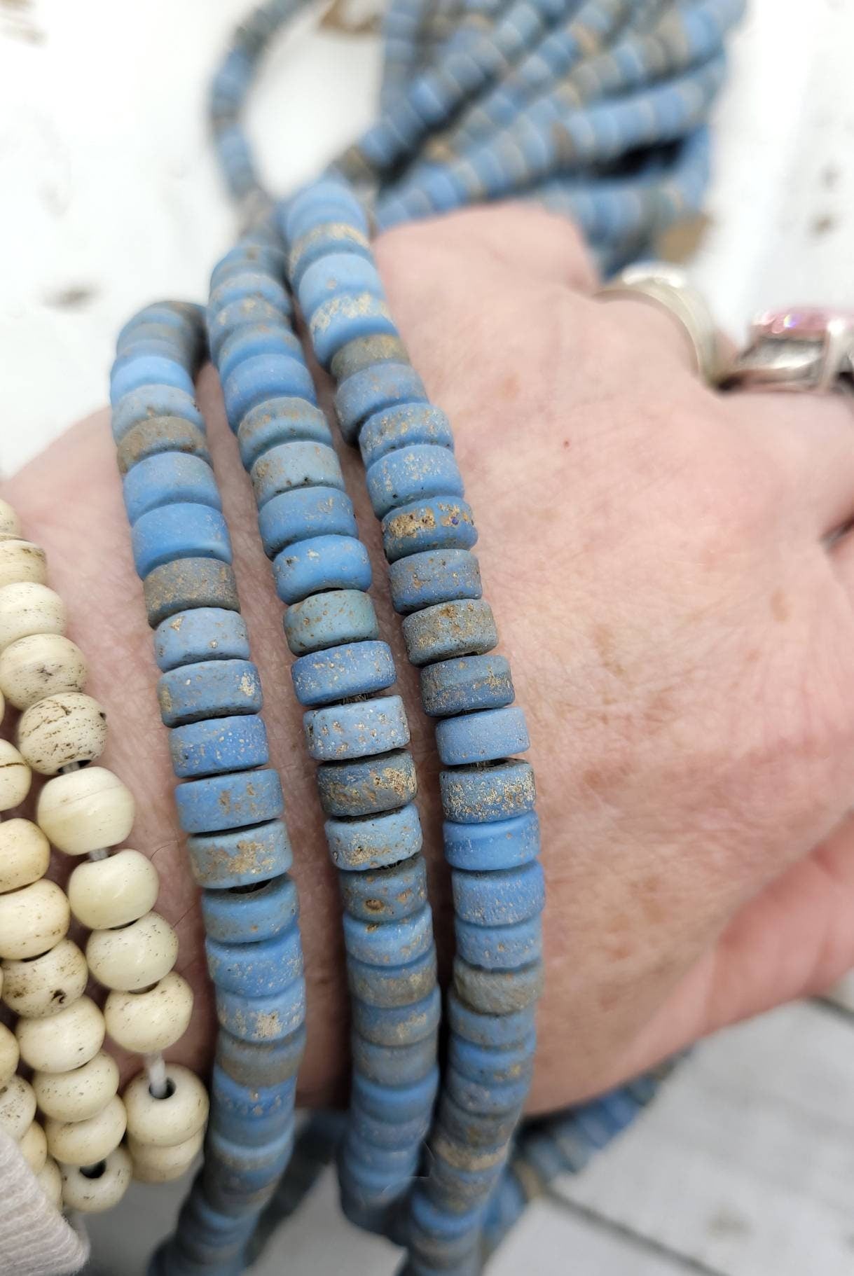 Glass Beads With Antique And Rustic Accent / Handmade Artisan / 7-8mm 10" Long Strand / Indonesia / Java / Tribal / Jewelry Supplies.