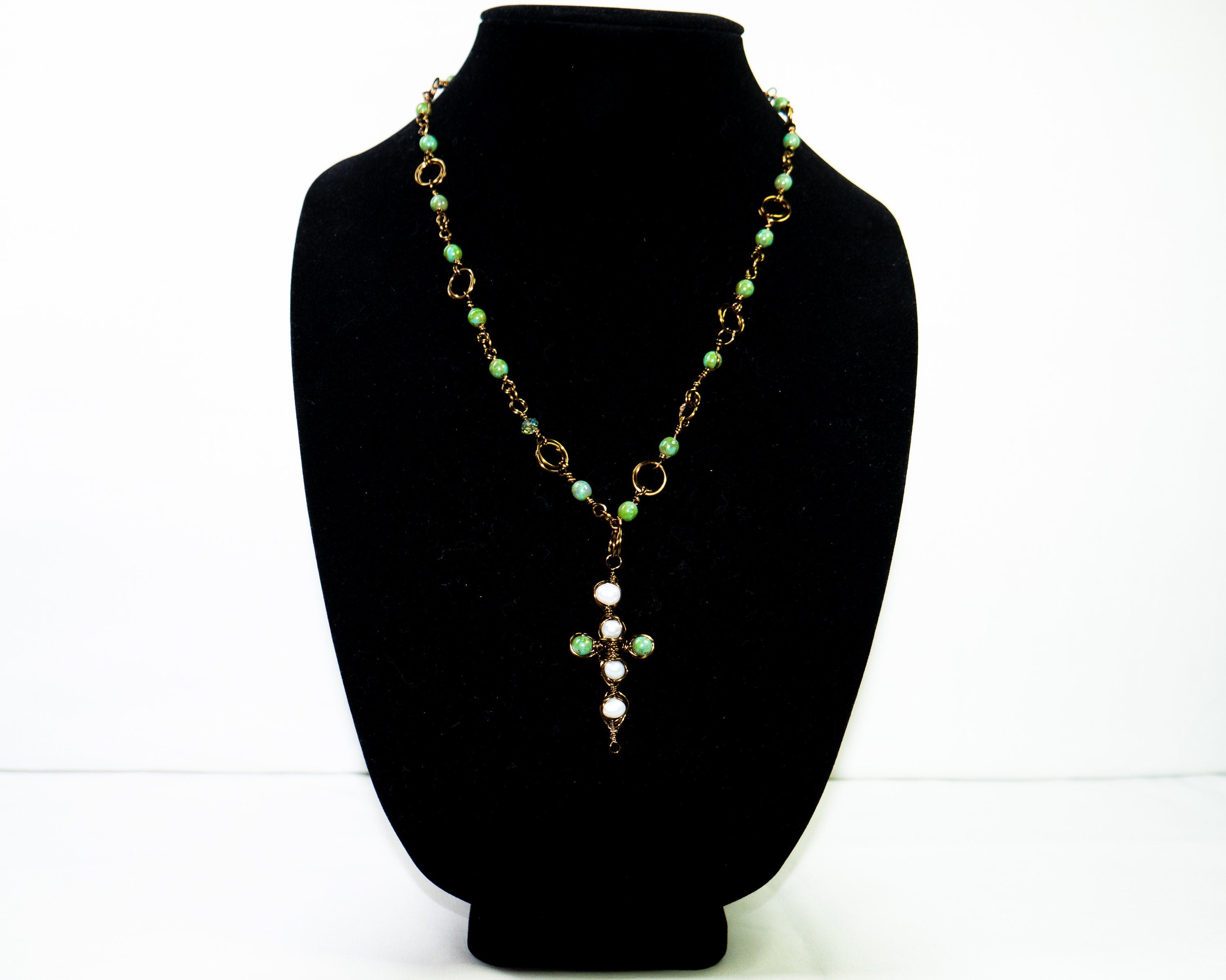 Pearls & Greens Necklace | Copper | Pearls | Rosary| Crystal
