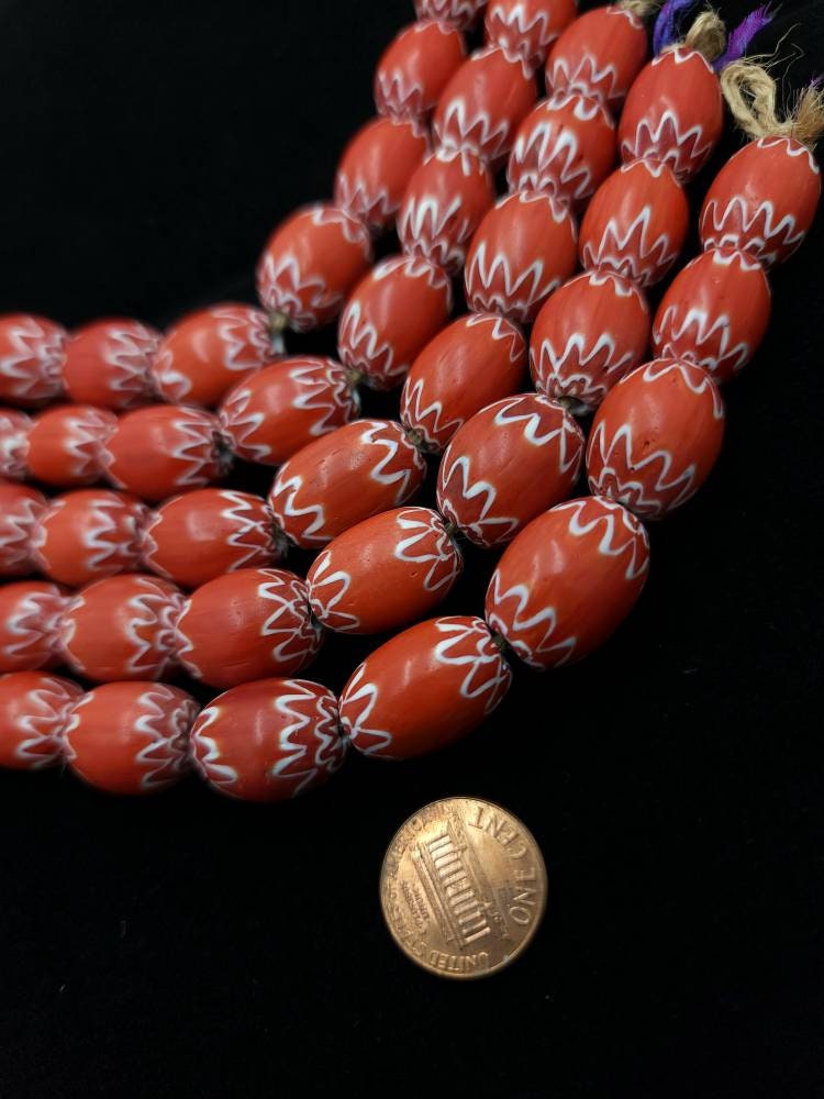 Chevron Beads Oval Multi Layered Red and White Strand 10 Chevron Beads 17-19×13-16mm / Jewelry Making Supplies / African Trade Beads