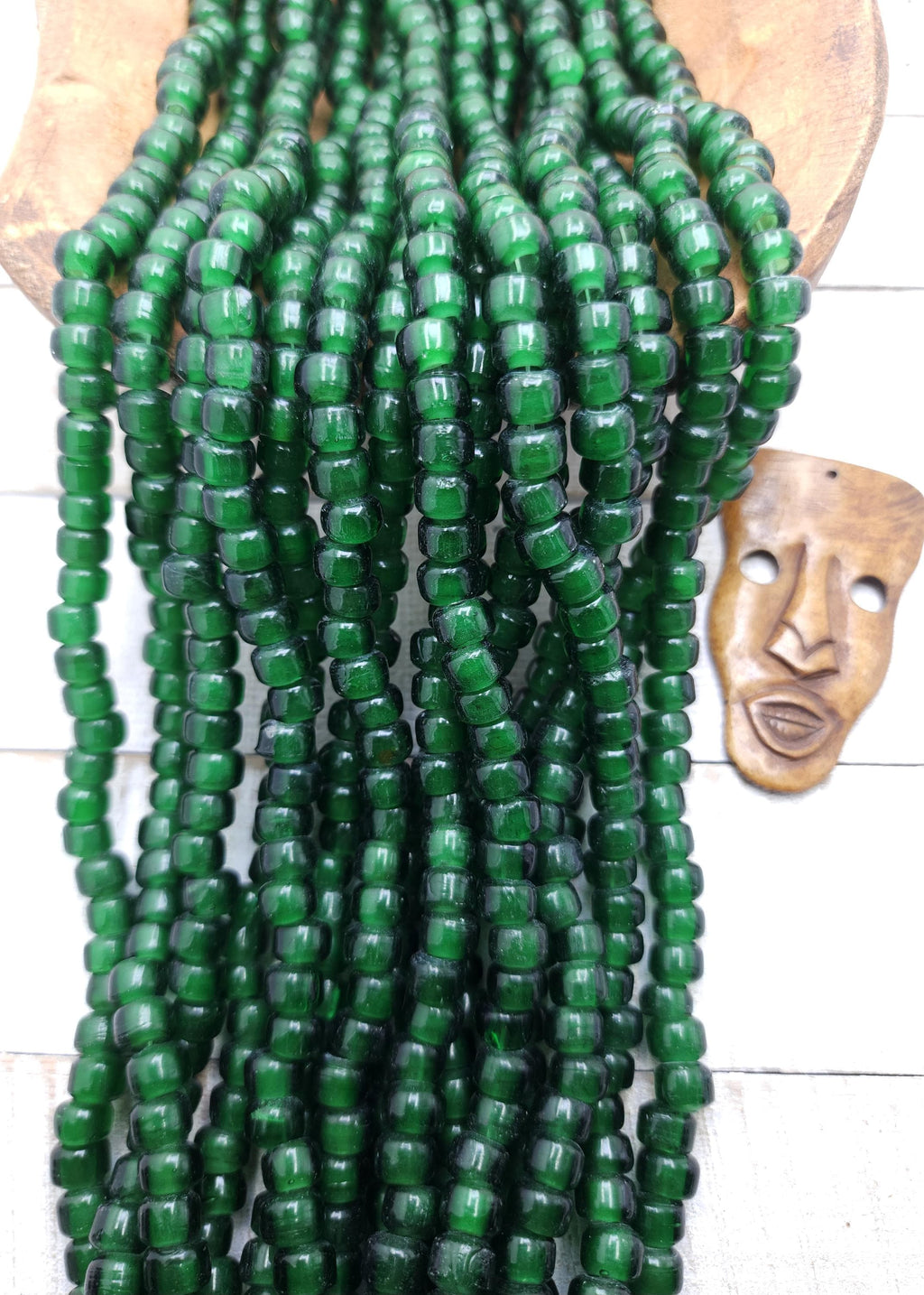 Full 16" Strand Of 6mm x 9mm Translucent Green Crow Glass Beads, Pony Glass Beads, Macrame, Jewelry Making Supplies, Craft.