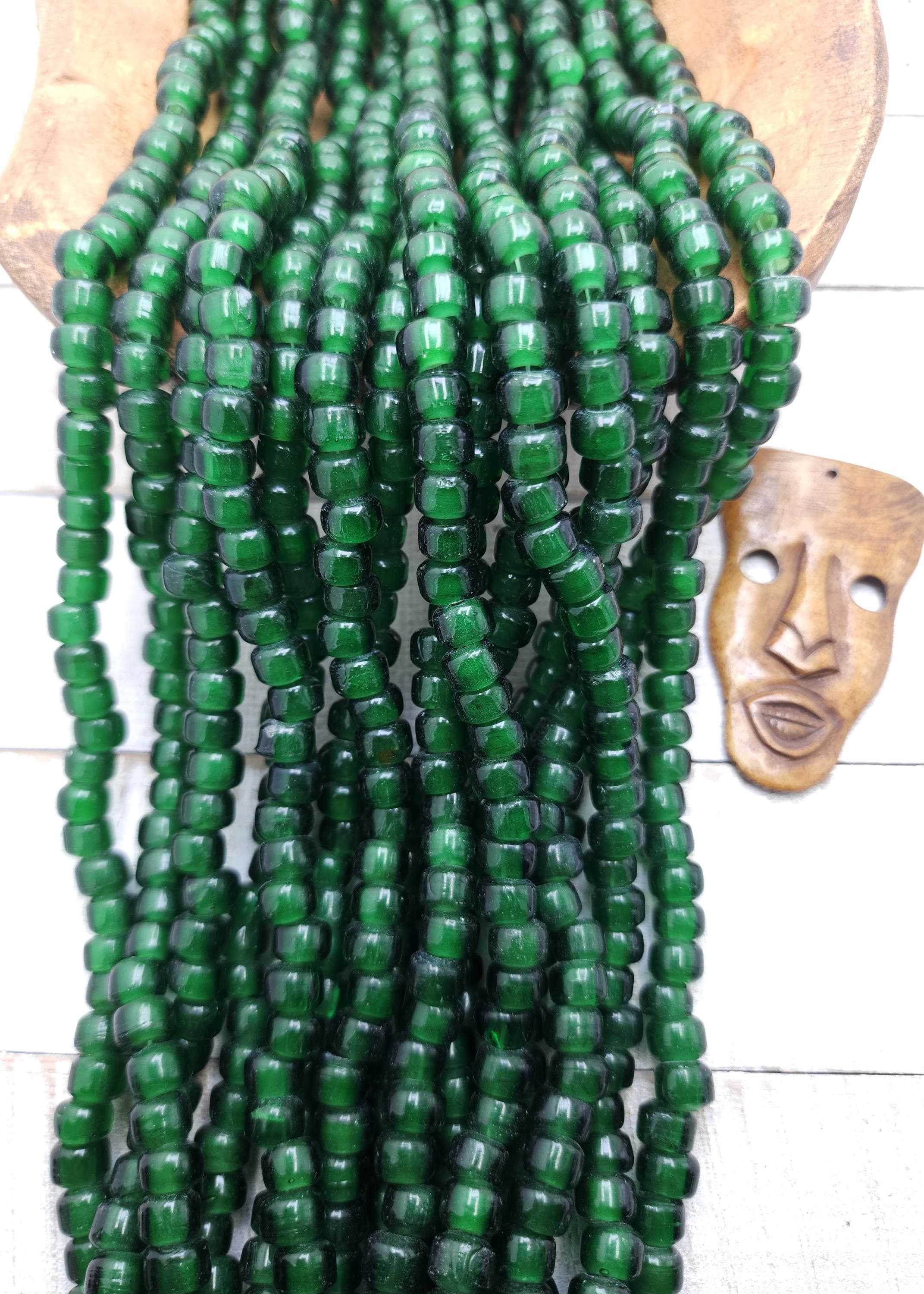 Full 16" Strand Of 6mm x 9mm Translucent Green Crow Glass Beads, Pony Glass Beads, Macrame, Jewelry Making Supplies, Craft.