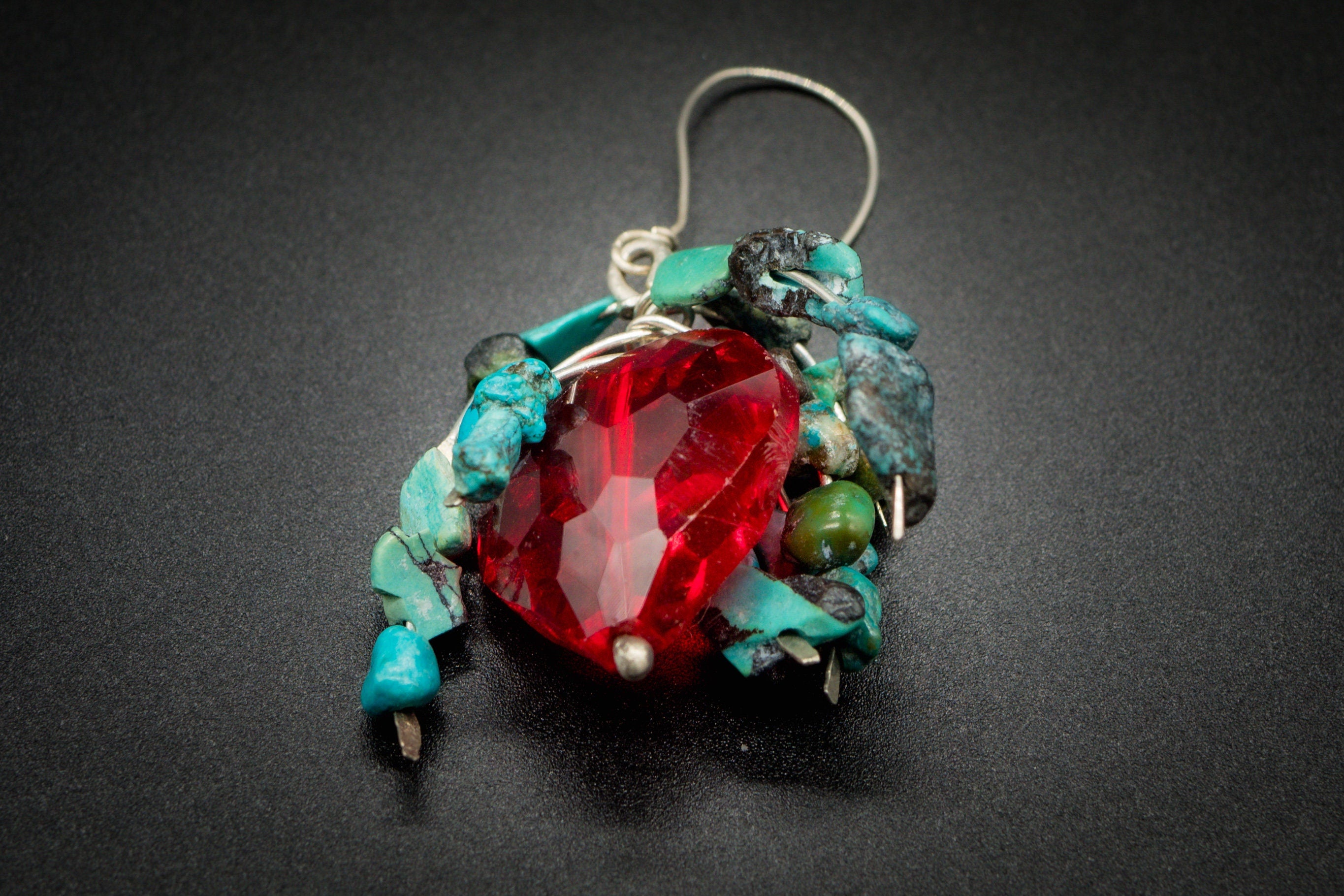 925 And 935 Silver, Turquoise, Red Crystal Heart Earrings