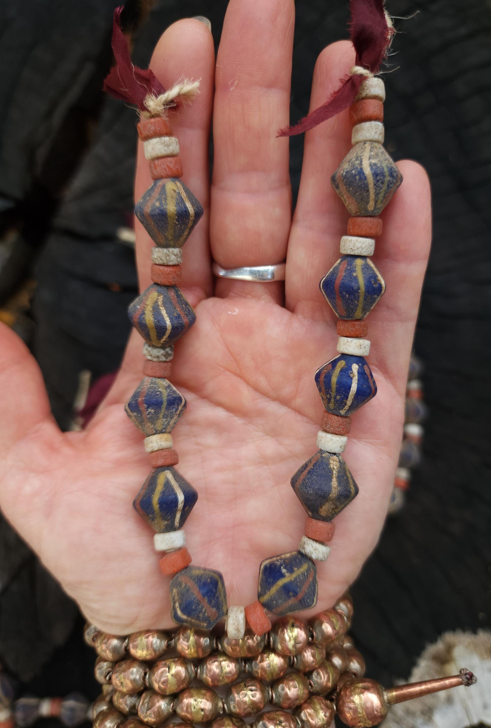 Blue Bicone Glass Beads, Strand 14-15mm, Beads With Antique Accent, Rustic, Indonesian, Jewelry Making Supplies, Craft.
