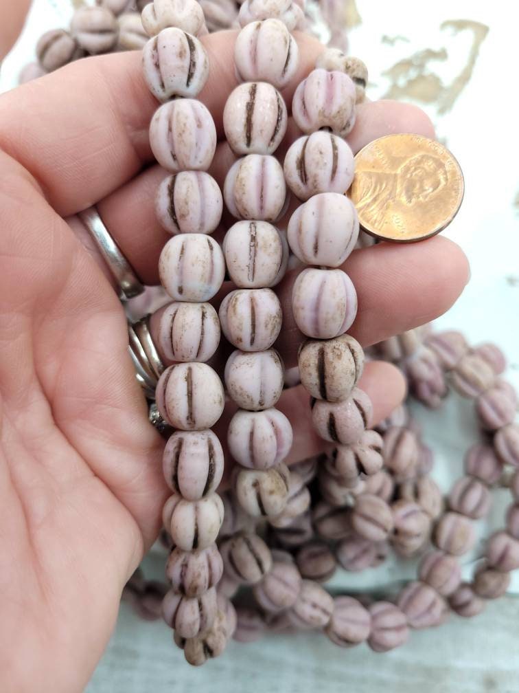 Melon Shaped Glass Beads With Accent Rustic Old Look 10-11mm[12], Jewelry Supplies, Boho, Hippie, Tribal, Ethnic, Thailand Beads.