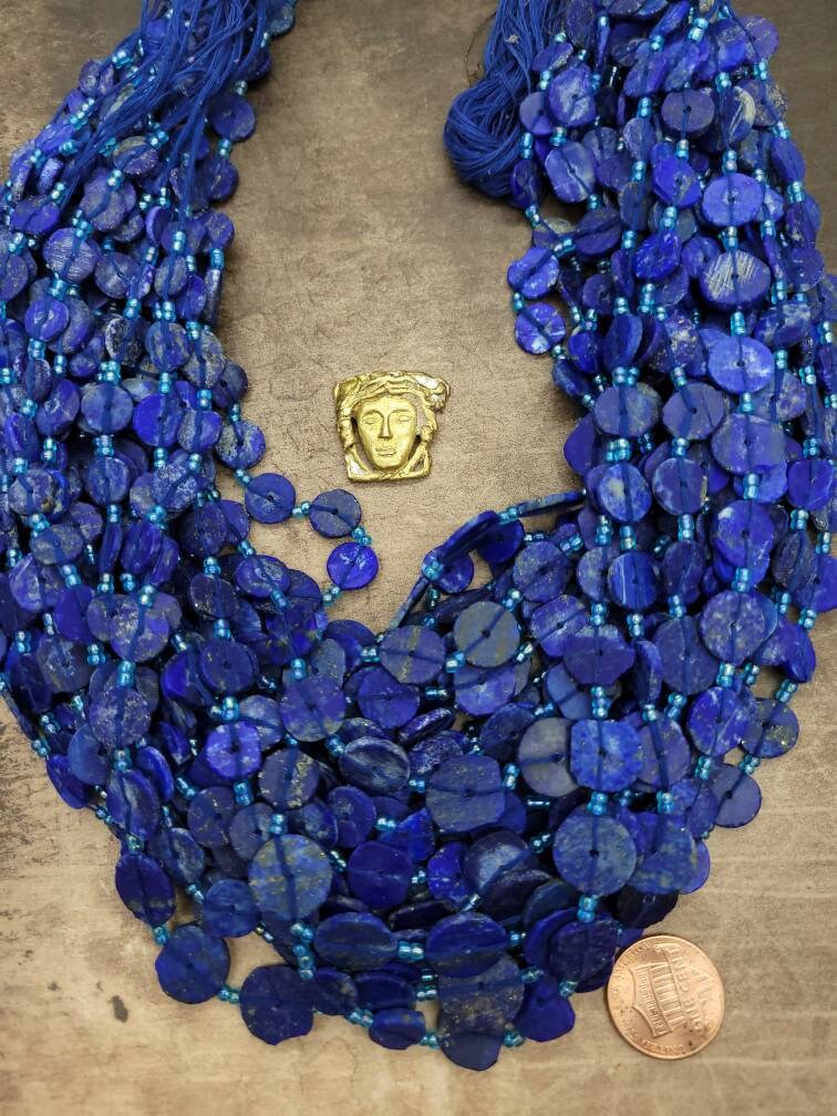 Beautiful Lapis Lazuli Beads Disc Shaped Button 8mm-12mm Strand 15 inches long / Jewelry Supplies.