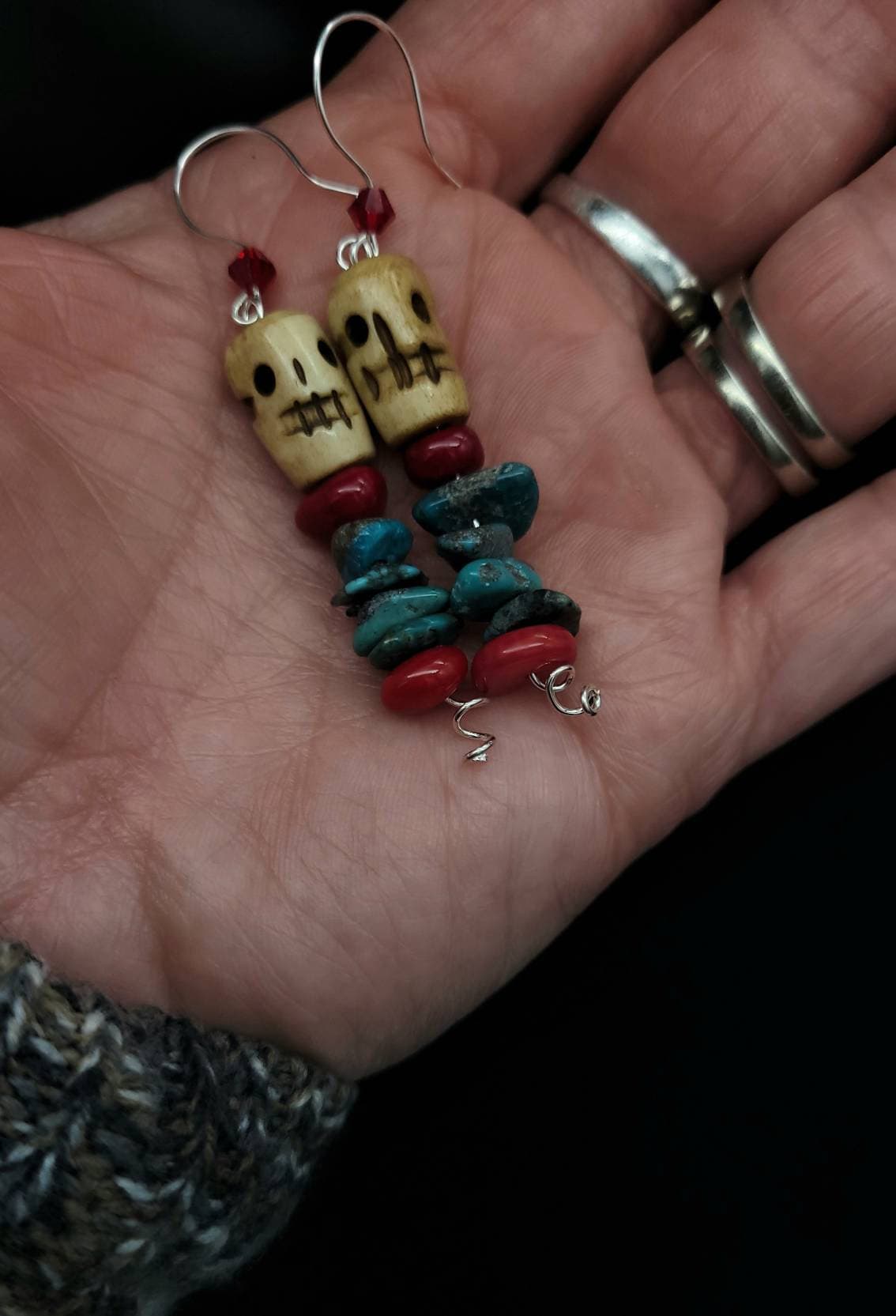 Beautiful Authentic 925 Silver Turquoise Coral Skull bone Boho Hippie Earrings.