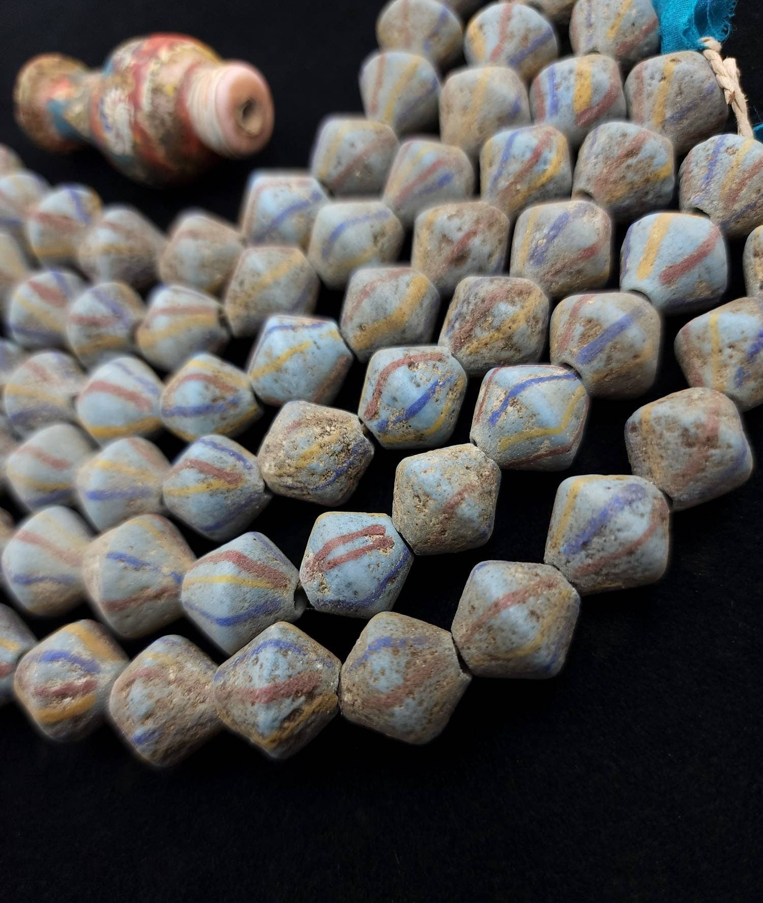 Venetians Style Beaded Bicone Antique Accent Strand 12 Beads 15× 15-16mm, Indonesia, Tribal, Ethnic, Lampwork beads, Jewelry Supplies.