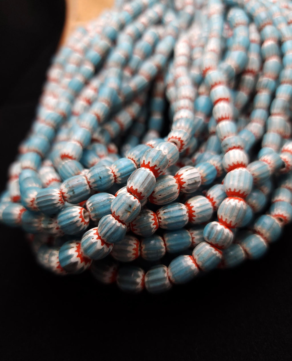 Blue Multilayer Chevron Beads From Java Indonesia, 7-10mm x 7-9mm+, Full Strand 21" Inches 60-62 Beads, Vintage, Jewelry Supplies.