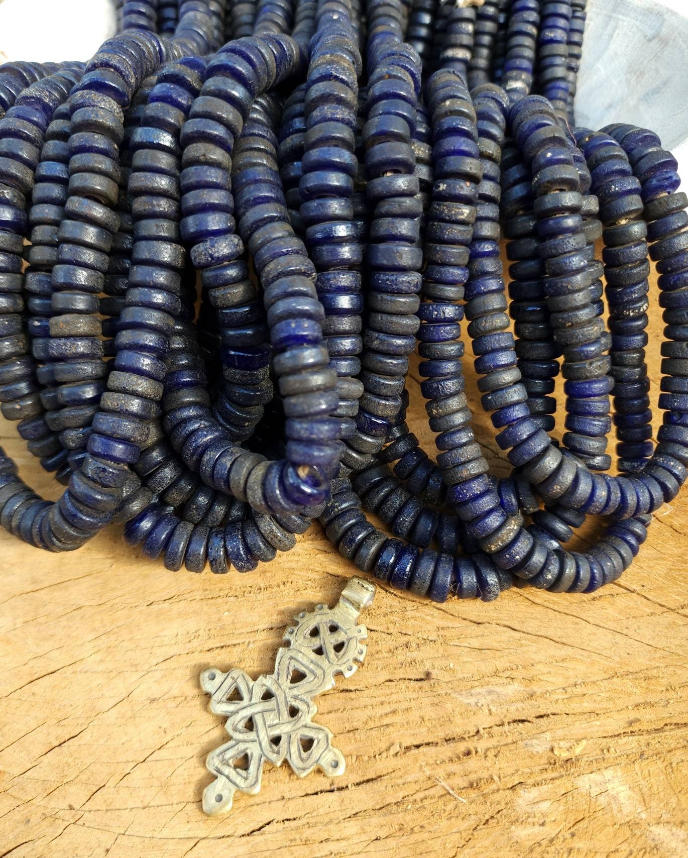 Blue Combat Glass Beads With Old Rustic Accent / Medium Raw Texture / 10-11mm Or 11-12mm 10"Long Strand /Indonesia / Java / Tribal / Ethnic