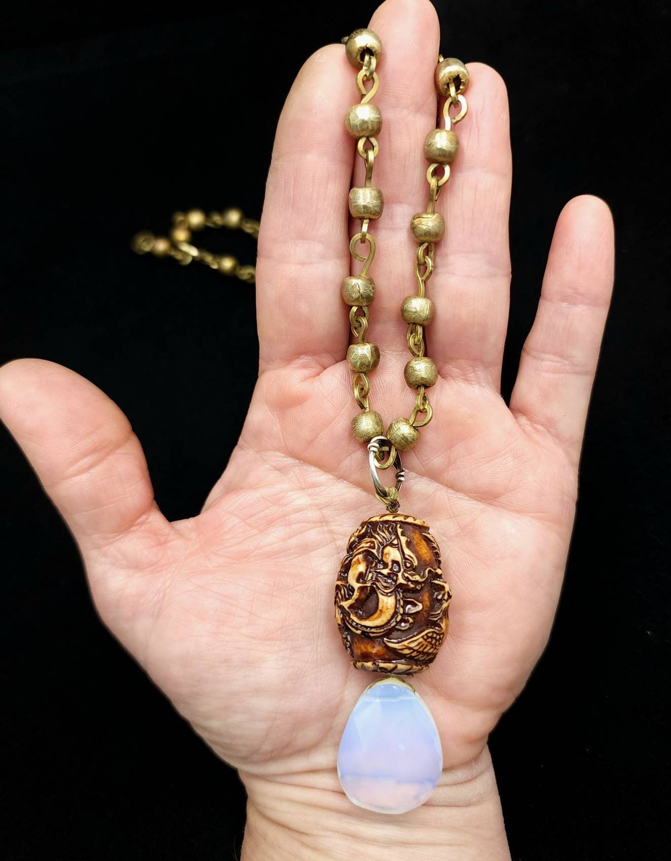 Chain Golden Brass, Cruelty Free Animal Bone/Opal Necklace/ Elegant Jewelry For men and women.