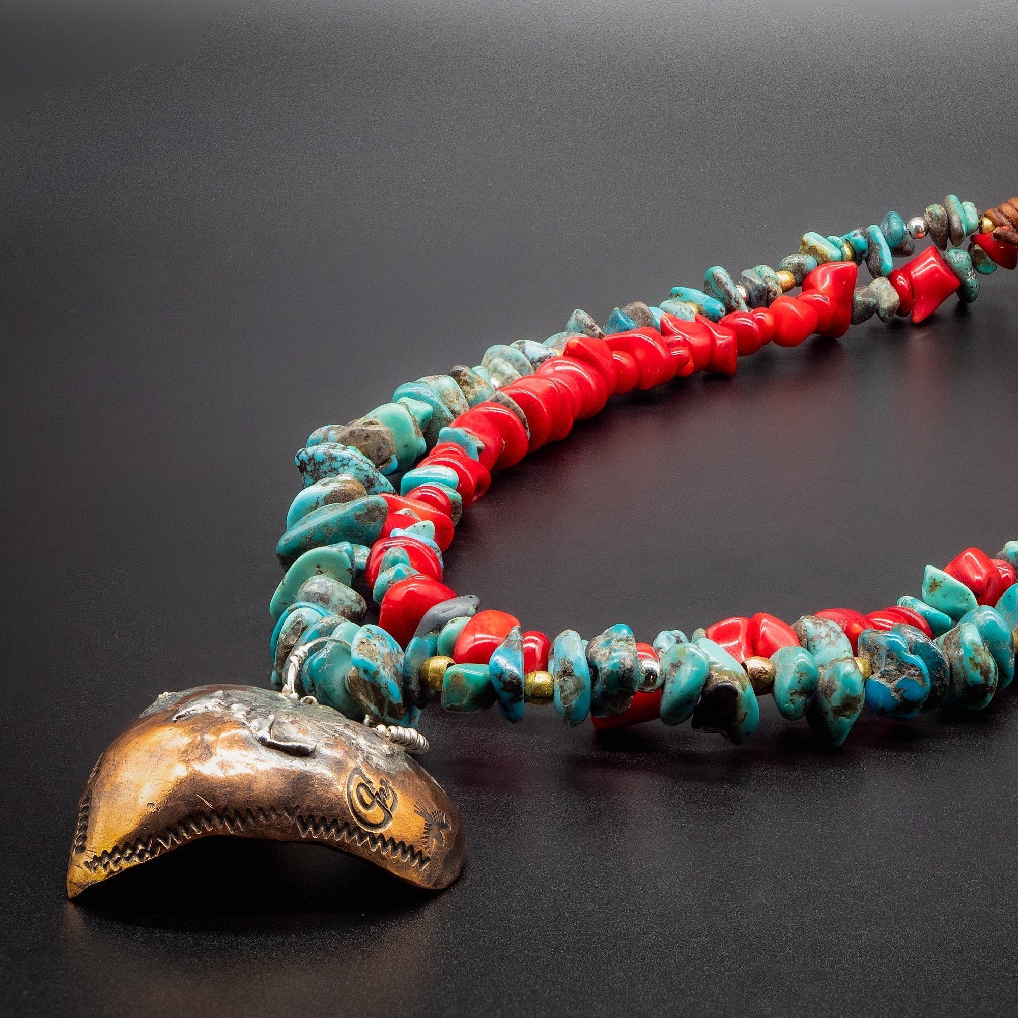 Native American Navajo Necklace /Authentic Turquoise, Natural Red Coral Bamboo,  925 Silver, Golden Brass, Heart Forged by hand of copper.