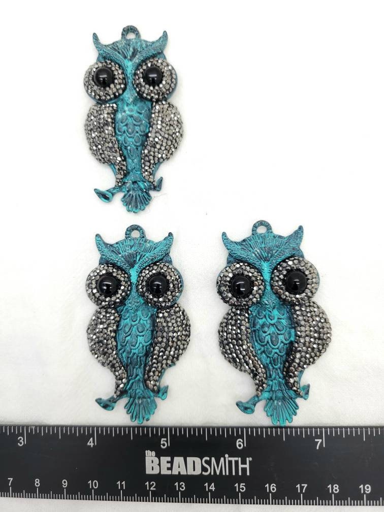 Beautiful Micro Pave Iron Owl Pendant With Teal Patina 68mm high x 37mm wide / Jewelry Supplies.