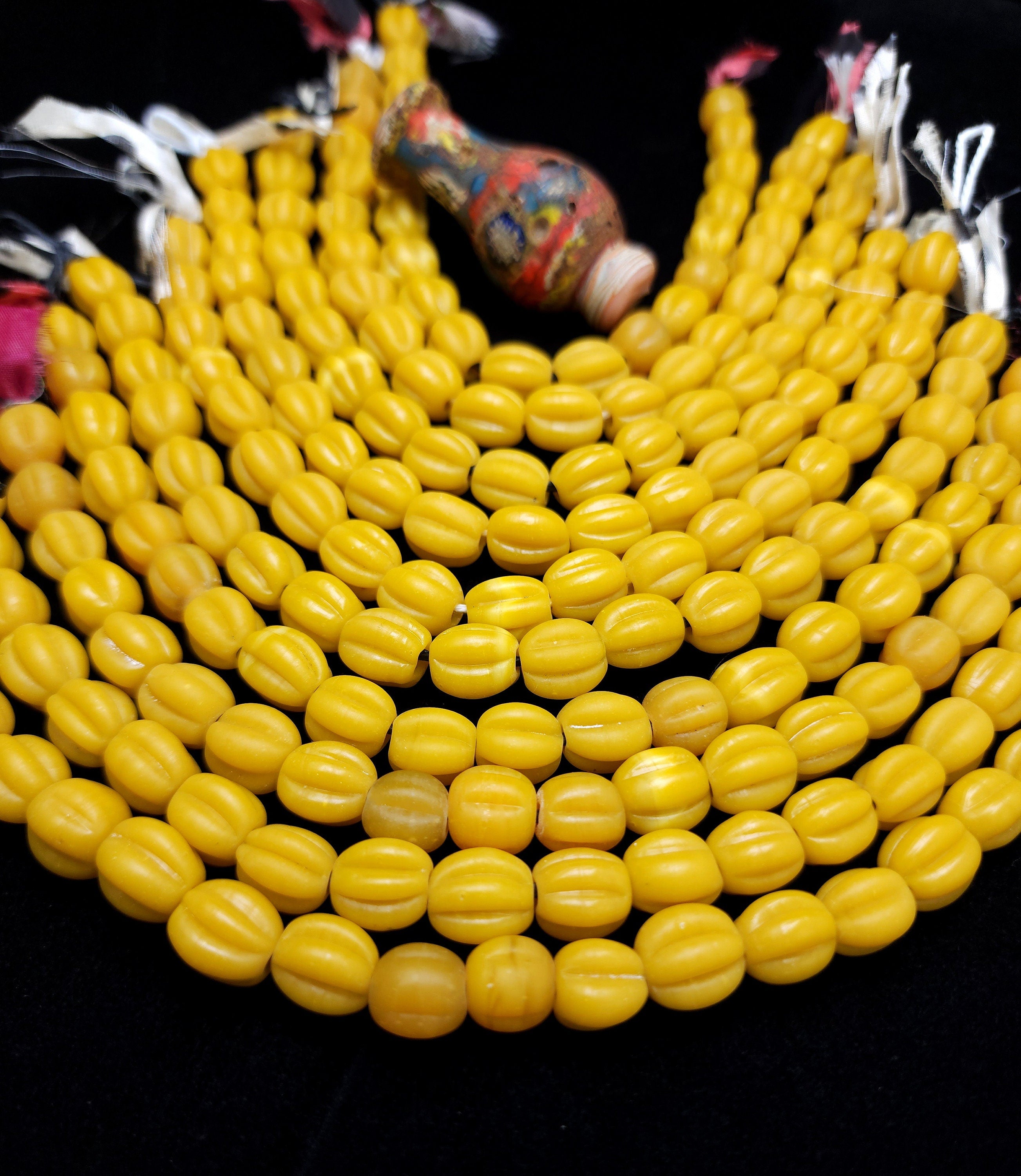 10mm+ Yellow Melon Shaped Beads [20] Indonesian Glass Beads, Java, Pumpkin Beads, Jewelry Making Supplies, Craft.